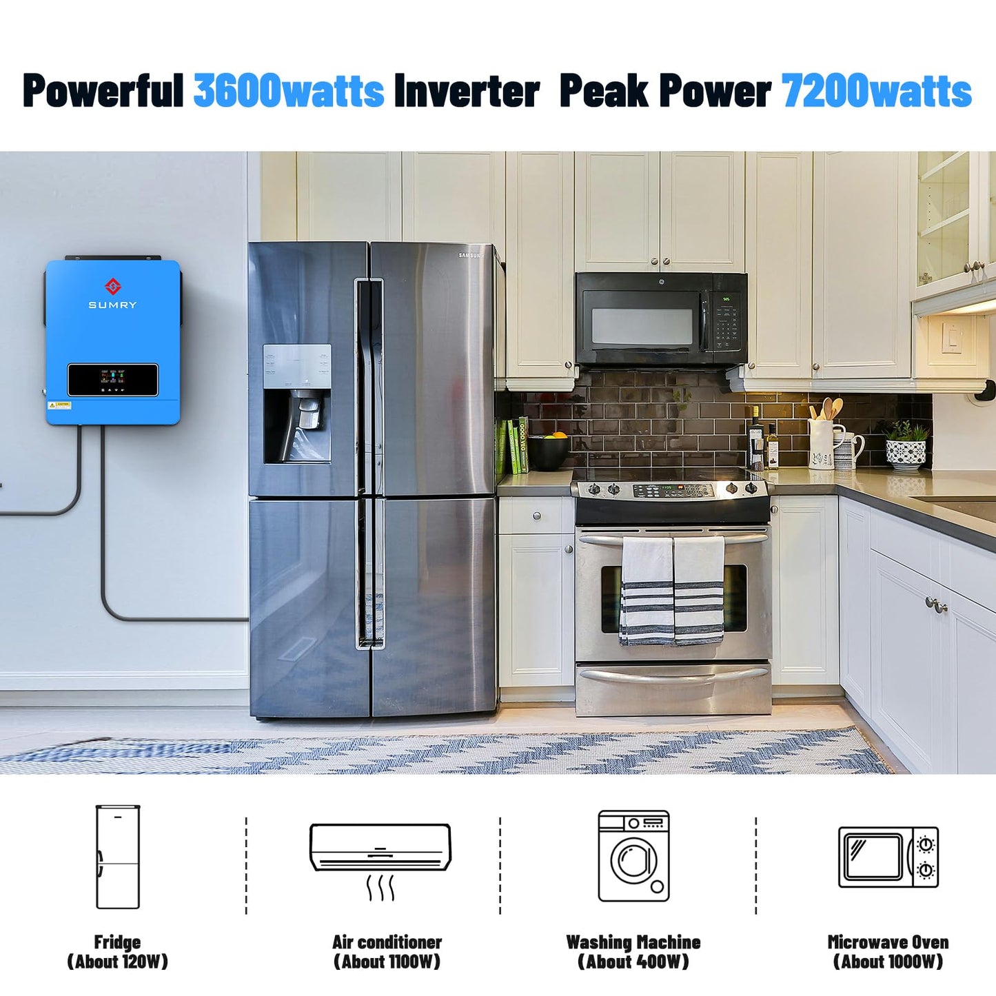 SUMRY Solar Inverter Charger, 3600W DC 24V to AC 110V Hybrid Voltage Converter with 120A MPPT Charge Controller, Pure Sine Wave Power for Battery-Less or AGM Lithium Battery Home Energy System