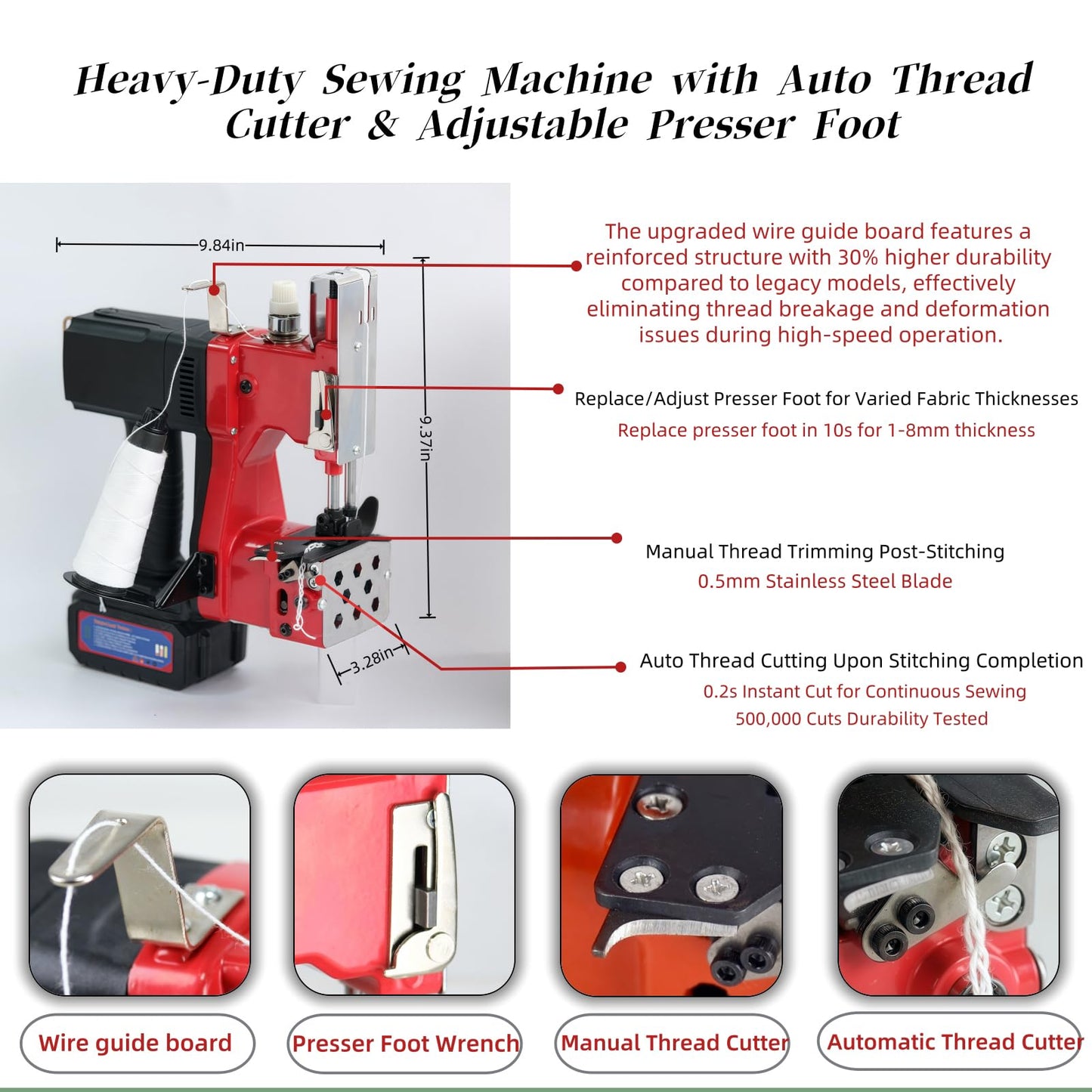 Cordless Bag Sewing Machine |PortableIndustrial Bag Closer |2-Second Fast Sealingfor Woven PP/Canvas/Jute Bags |Factory &Farm Bag Stitcher (Red, Lithium Battery-36VDC)