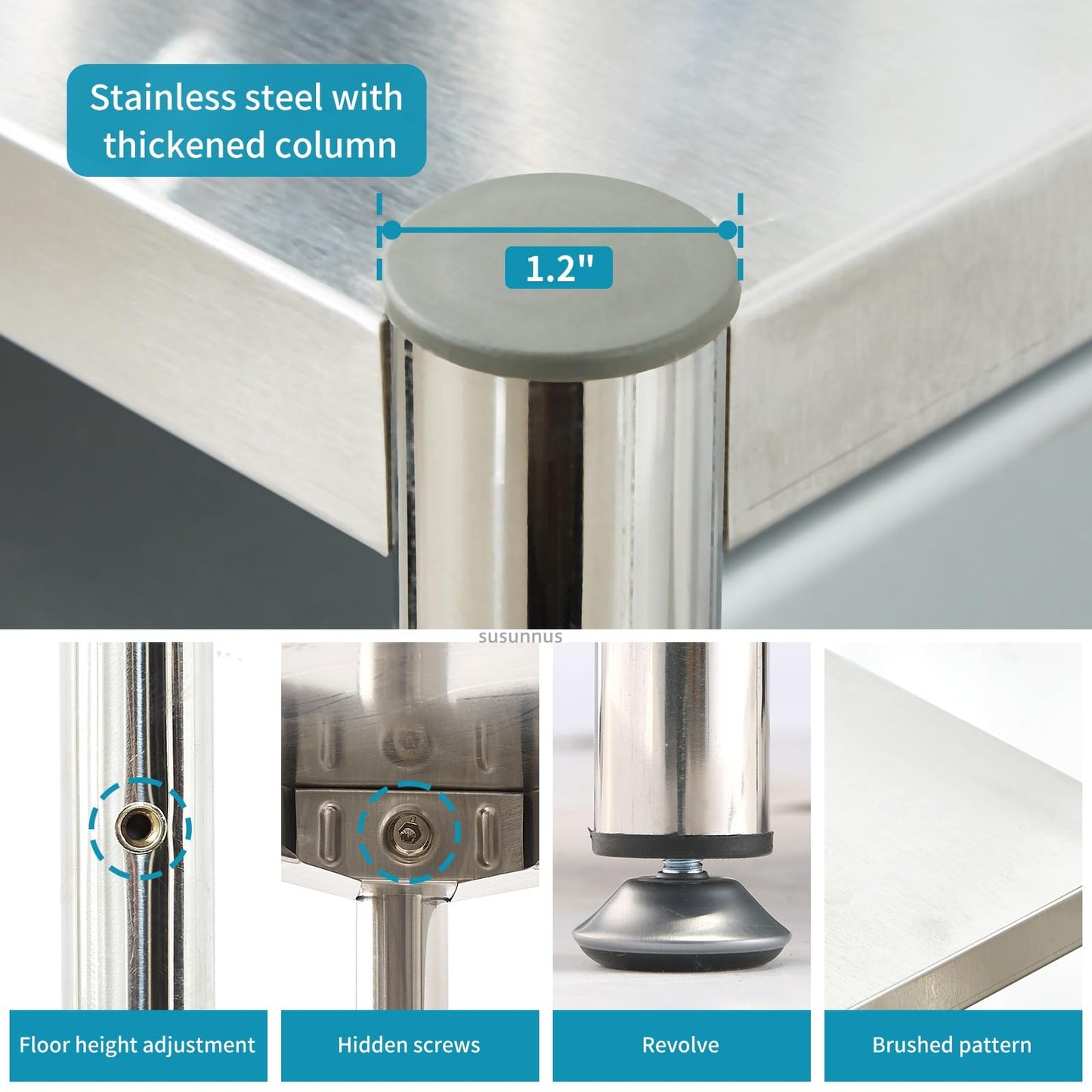 susunnus 5-Tier Stainless Steel Shelf, Heavy Duty Shelving for Kitchen, Garage, Industrial Storage, Kitchen Shelves Adjustable Feet, Easy to Clean (5T-35.8in*15.8in(Without guardrails))