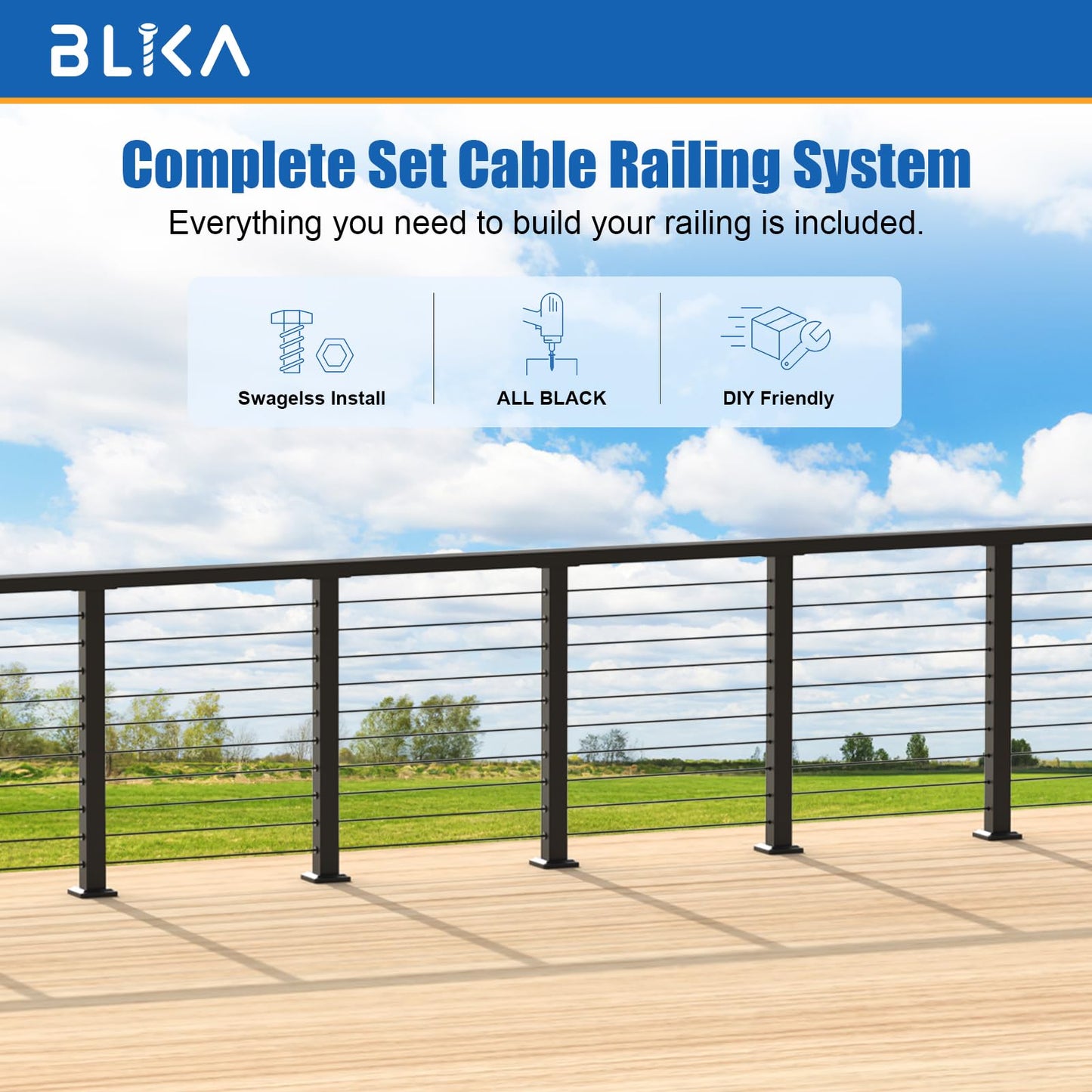 BLIKA 6'6"-13FT Complete Set 36" Cable Railing Post Kits, Surface Mount Deck Cable Railing System with Handrail & Swageless Tensioner, Pre-Drilled Black Stainless Steel Cable Railing Posts