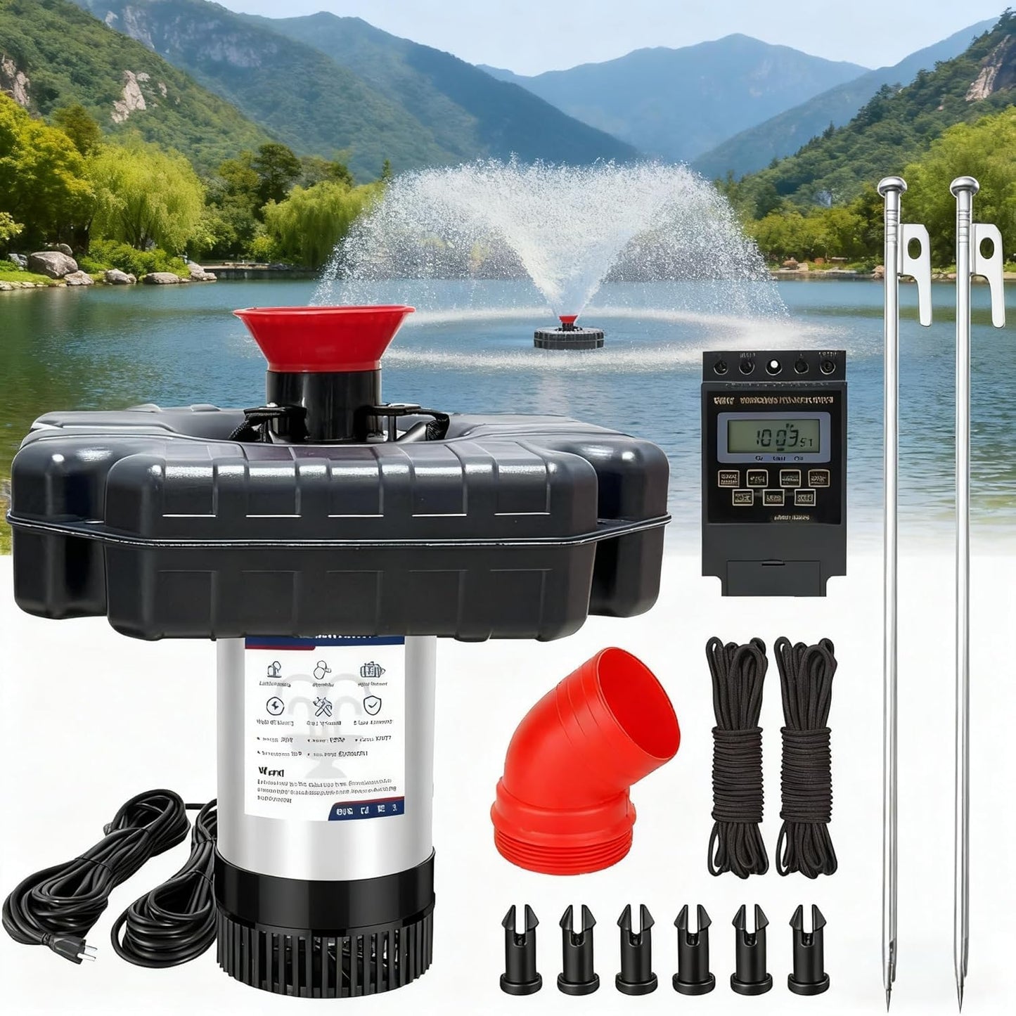 Pond Fountain Aerator, Pond Fountain, 1 HP Pond Aerator /110V 15,000 GPM, 100-foot Power Cord + 2 x 33-Foot Ropes/Timer Aerator Fountain, Suitable for Various Ponds and Lakes