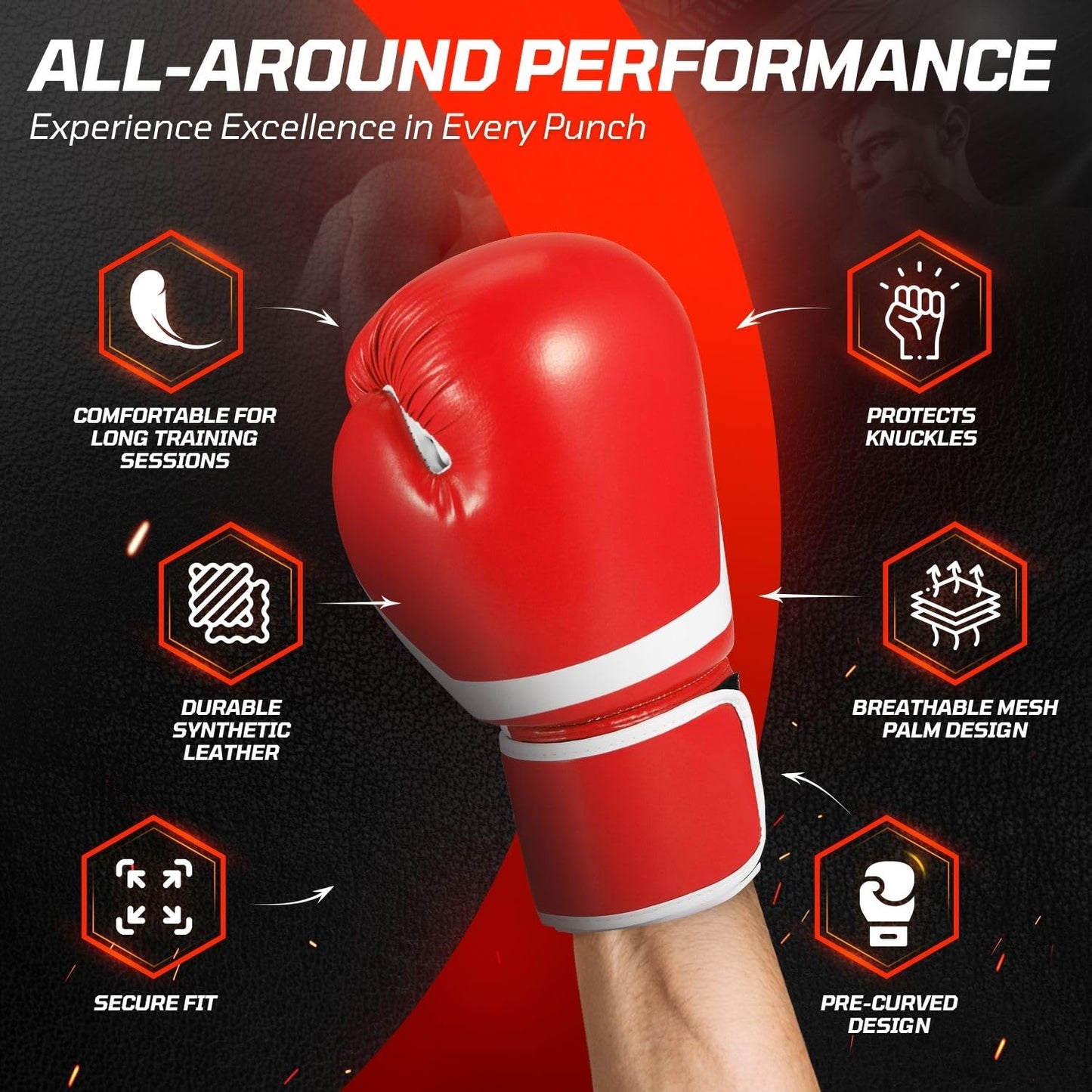 Flexzion Red Durable Padded Boxing Gloves - 10 oz Training Gloves for Men and Women - Kick Boxing Muay Thai MMA - Heavy Bag Training