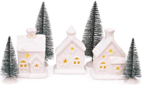 Mark Feldstein & Associates Pre-Lit LED Cozy Knit Winter Village - 7-Piece Unglazed Porcelain Tabletop Set