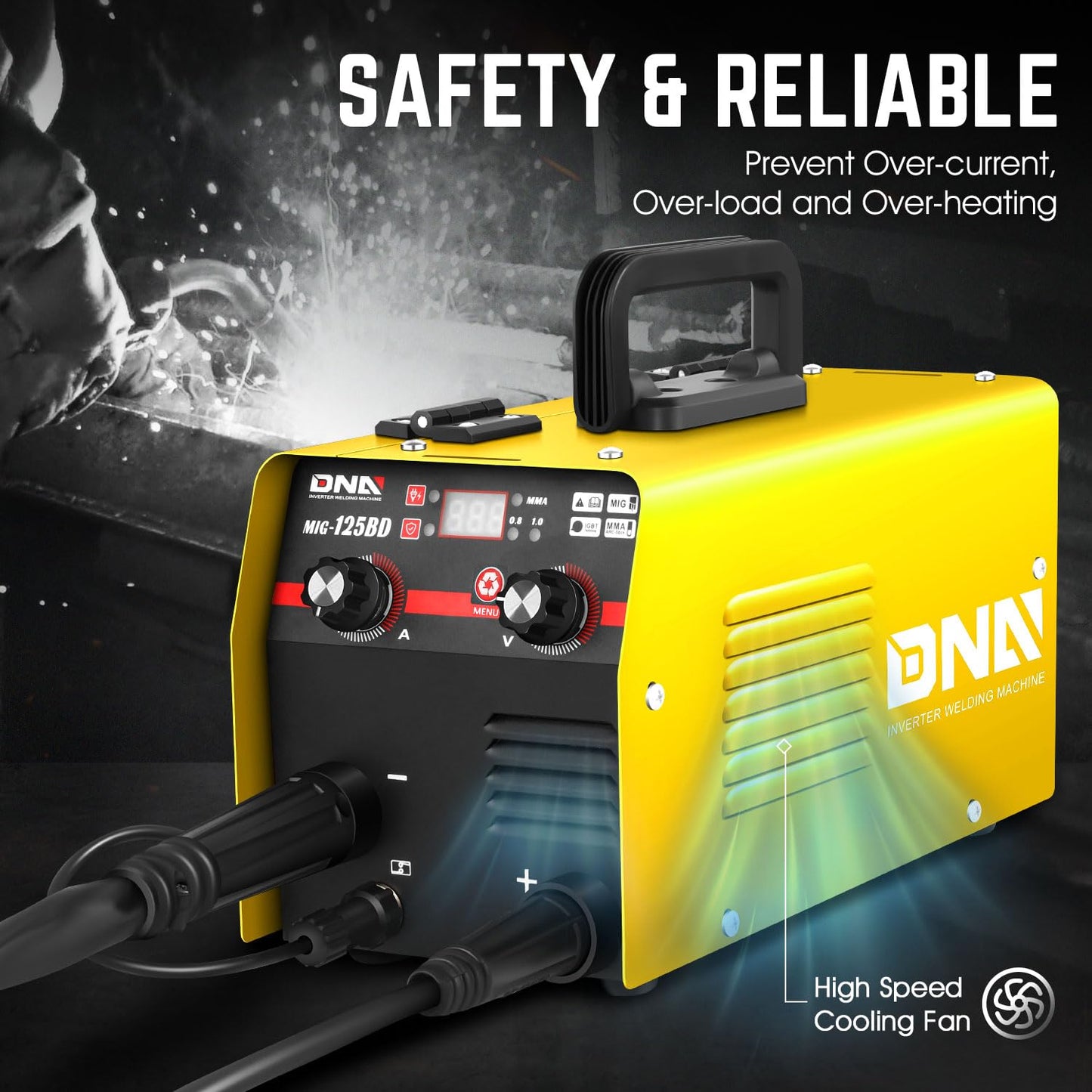 DNA Motoring 125A/110V Flux Core MIG Welder, Gasless MIG/Lift TIG/Stick Welder, 3 in 1 Portable Welding Machine, IGBT Inverter Welder for Home DIY, Garage, w/LED Digital Display, Yellow, TOOLS-00379