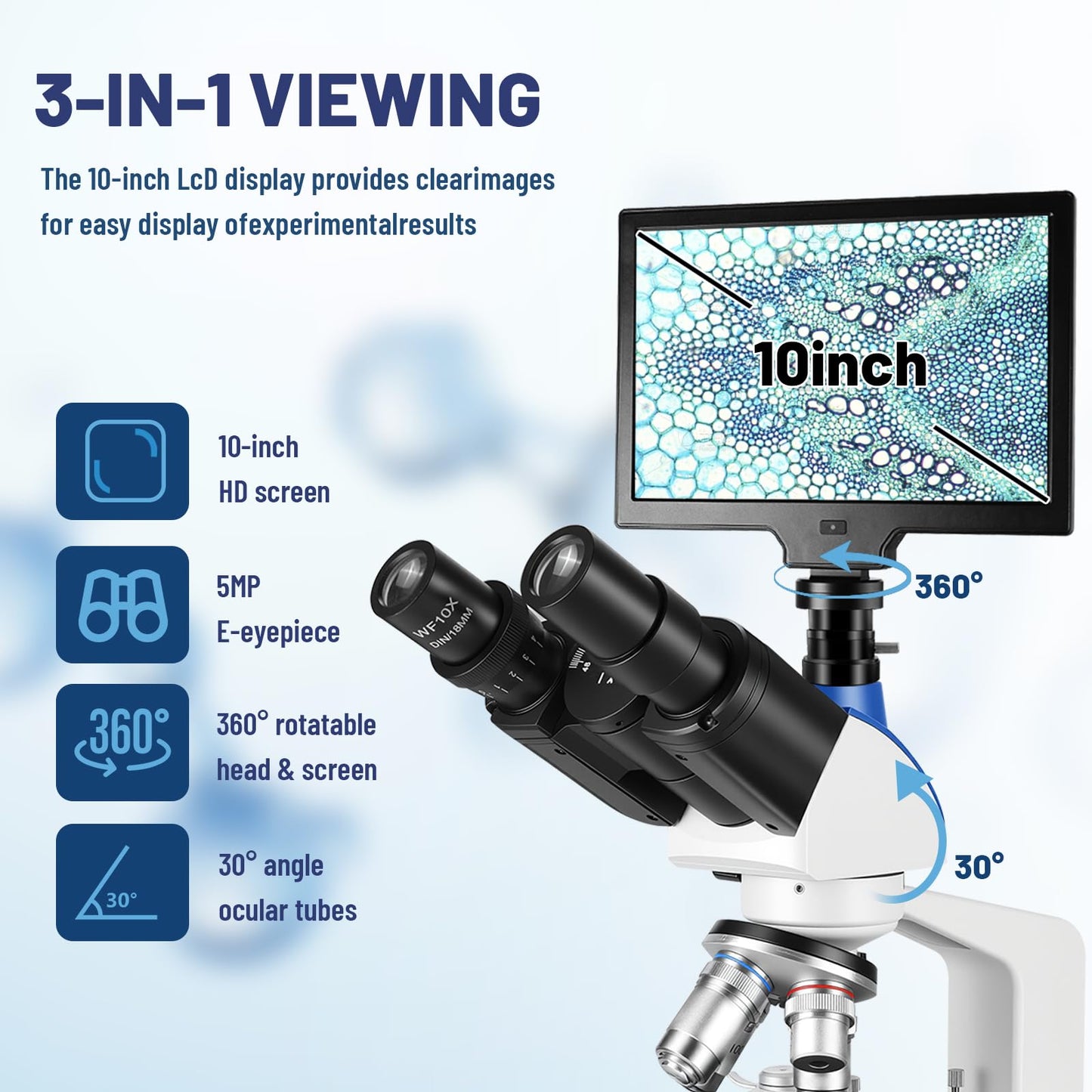 Lab Compound Trinocular Microscopes 40X-2500X Magnification with10 inch LCD,6MP Electronic Eyepiece, 0.5X CTV High Definition Adapter,Two-Layer Mechanical Stage,10X 25X Eyepiece