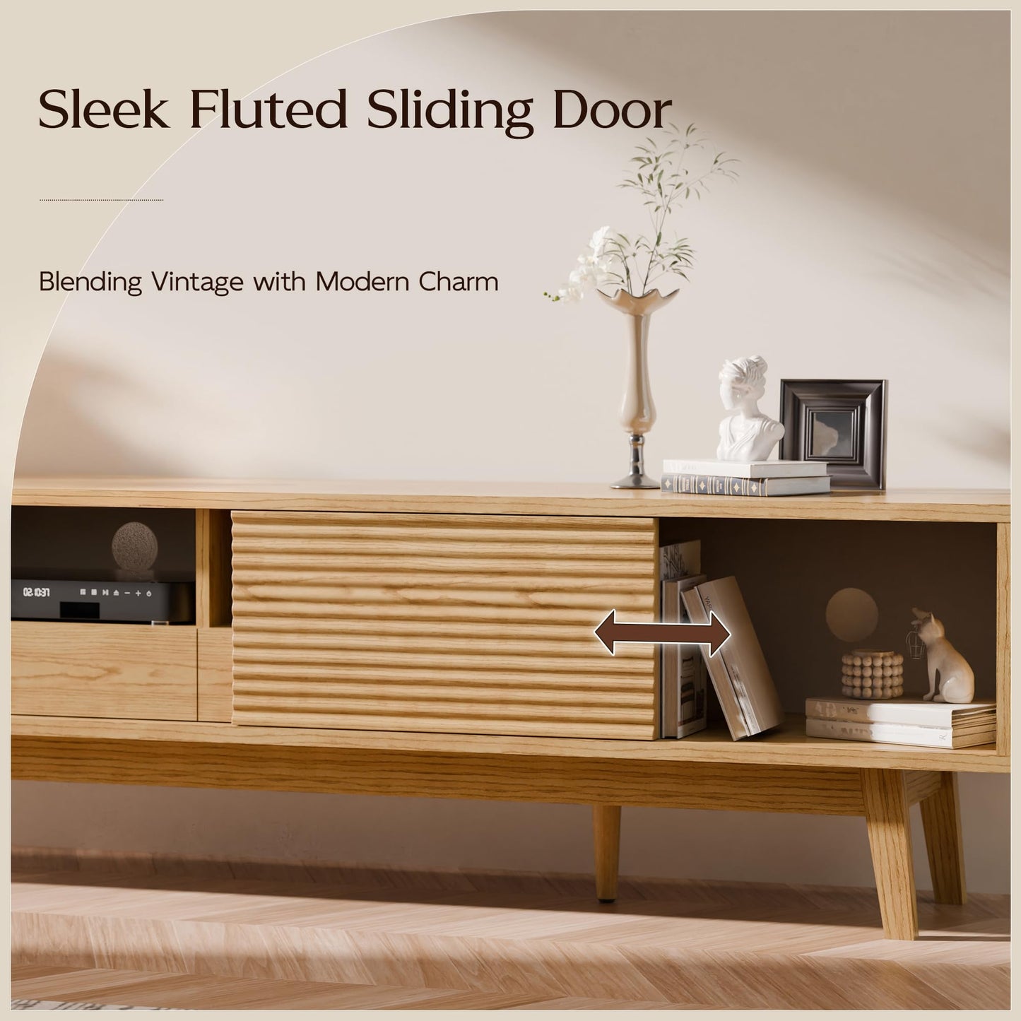 TOLEAD 70" Mid Century Modern TV Stand for TVs up to 75 Inch, Low Profile Entertainment Center with Fluted Sliding Doors & Storage Drawers, Wood TV Console Table for Living Room, Oak