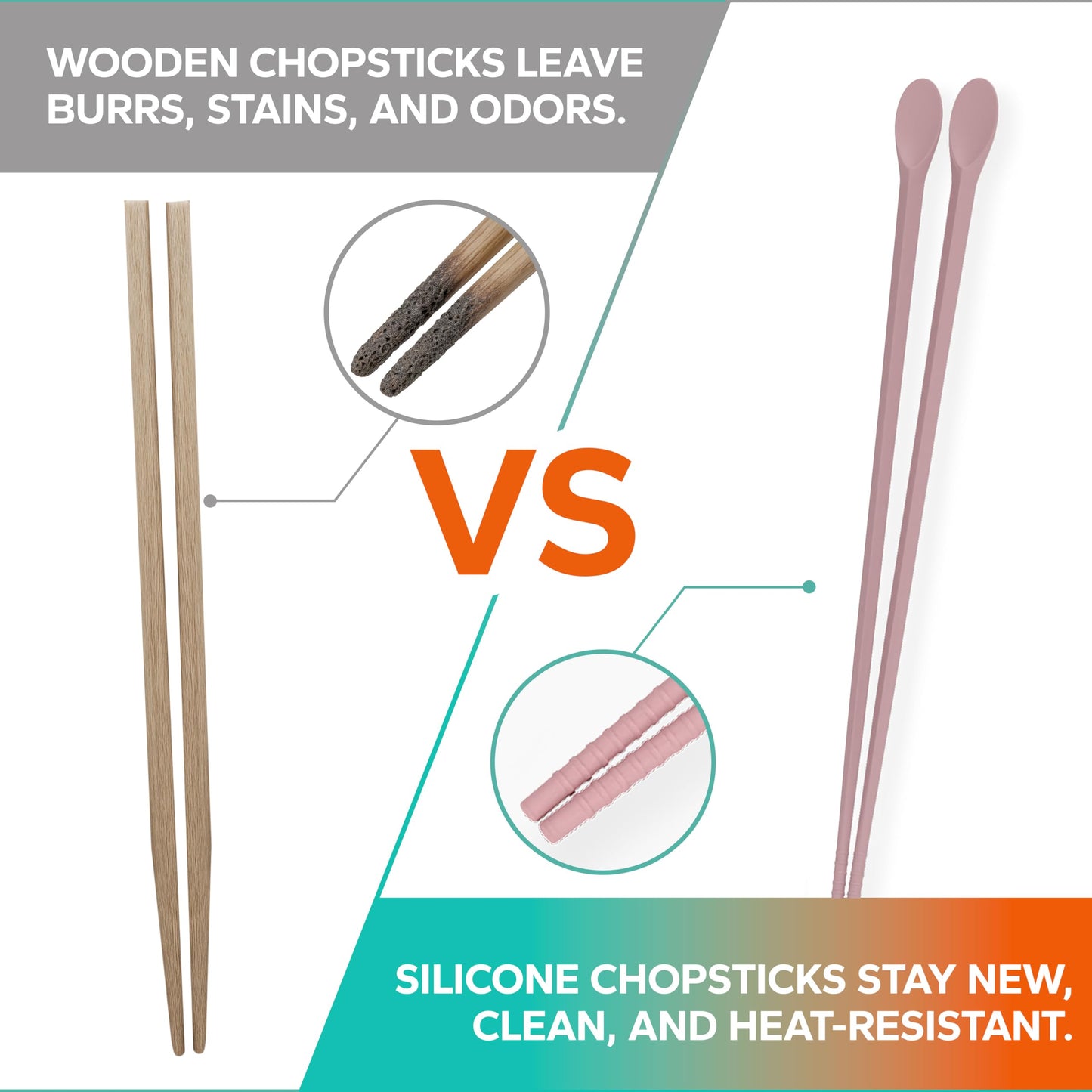 RECOHOME Reusable Long Silicone Cooking Chopsticks with Spoon - 12 Inches 3 Color Set, Eco-Friendly, Heat-Resistant, Non-Scratch, Korean, Japanese Asian Kitchen cookware. (Pink, Green, Grey, 3 Pair)