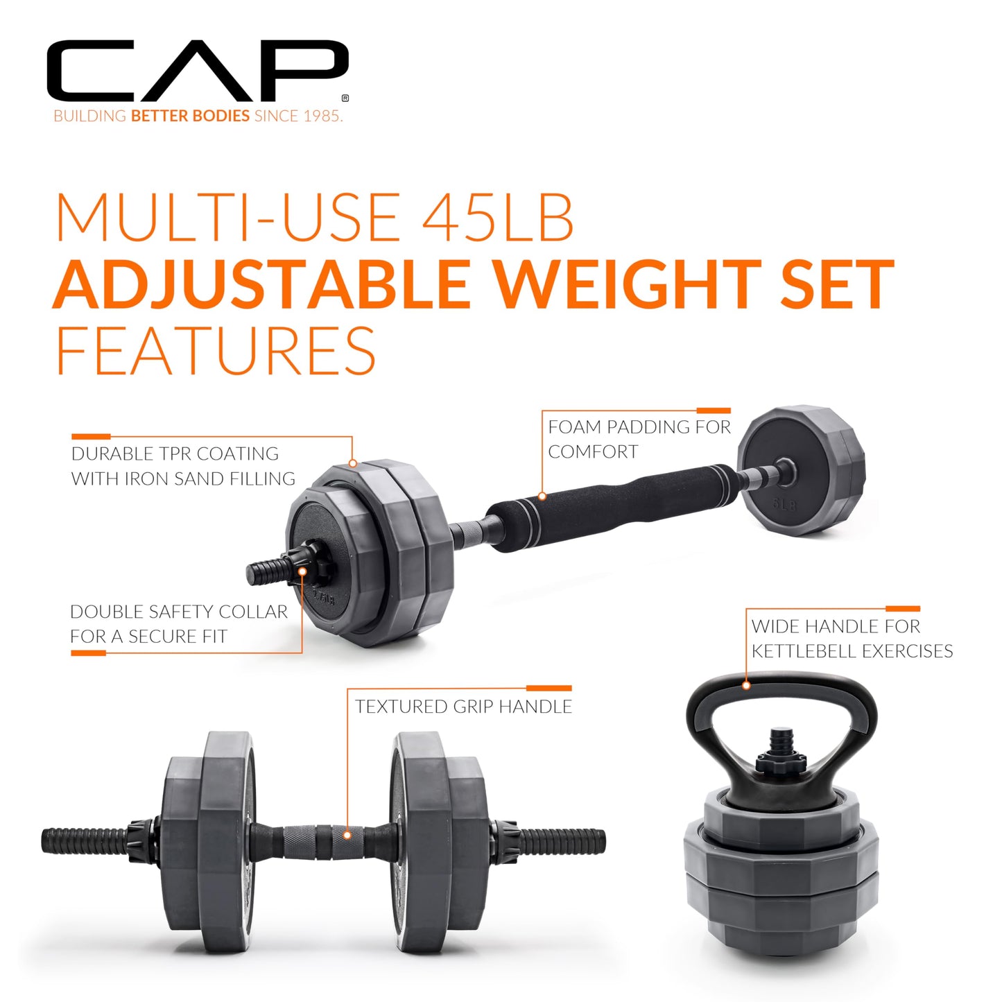 CAP Barbell 45 lb Multi-Use Adjustable Weight Set - Versatile Dumbbell, Barbell & Kettlebell for Full-Body Workouts