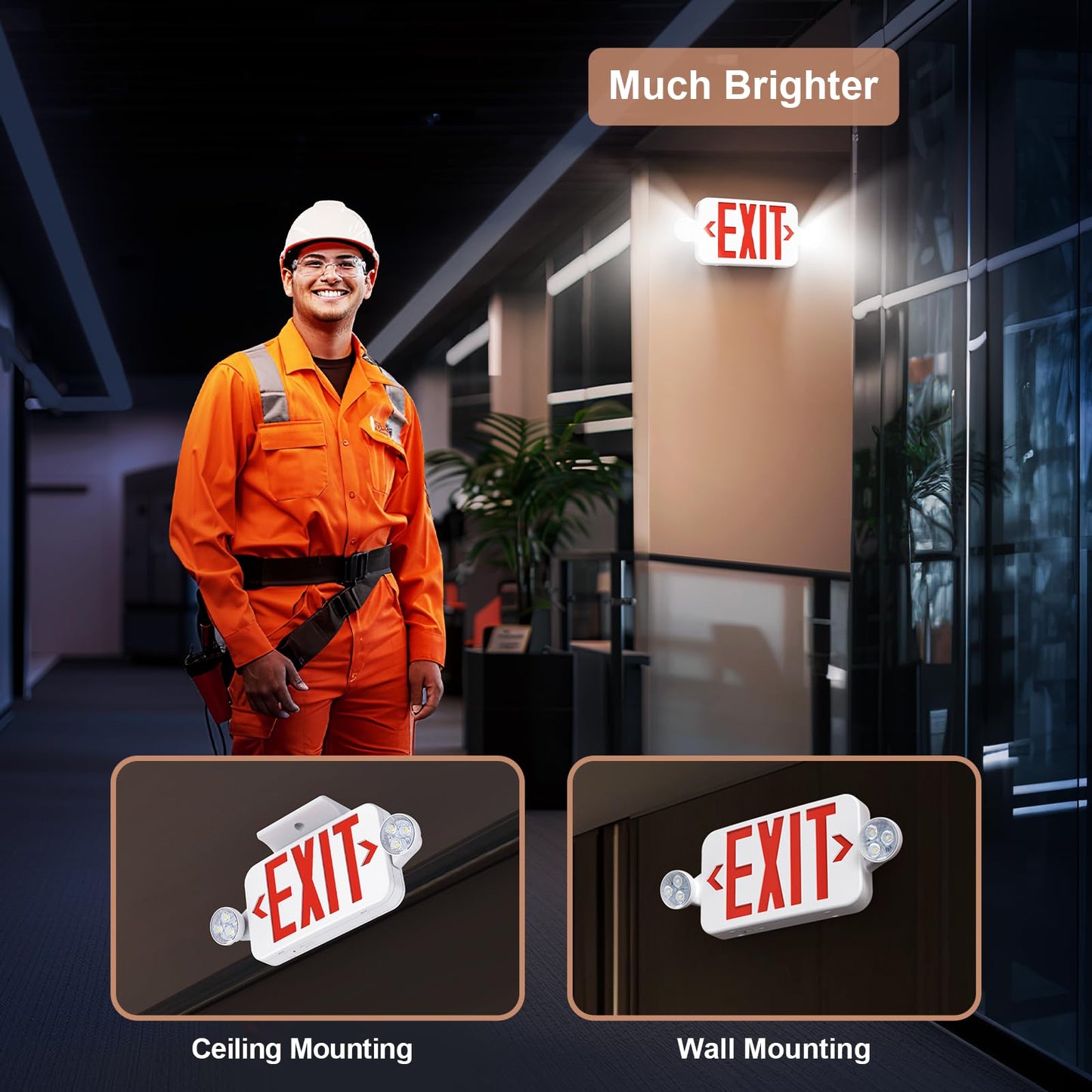 Emergency Exit Sign Lights Combo With Battery Backup, Double Sided Hardwired 6 LEDs, Adjustable Heads Red Lighting Ceiling/Wall Mount, UL Listed, AC 120/277V (4 Pack)