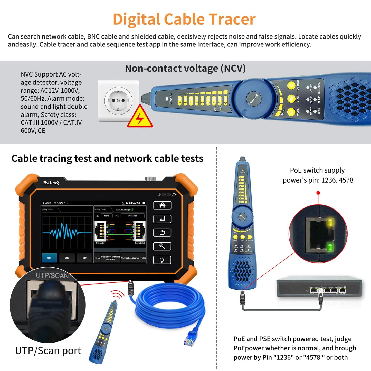 Rsrteng CCTV Tester,IPC-1910C Plus with Cable Tracer 8MP AHD CVI TVI CVBS IP Camera Test 8K HD Display Video Monitor 4 inch IPS Touch Screen IPC Tester Support POE PTZ RS485 Replace 1800ADH