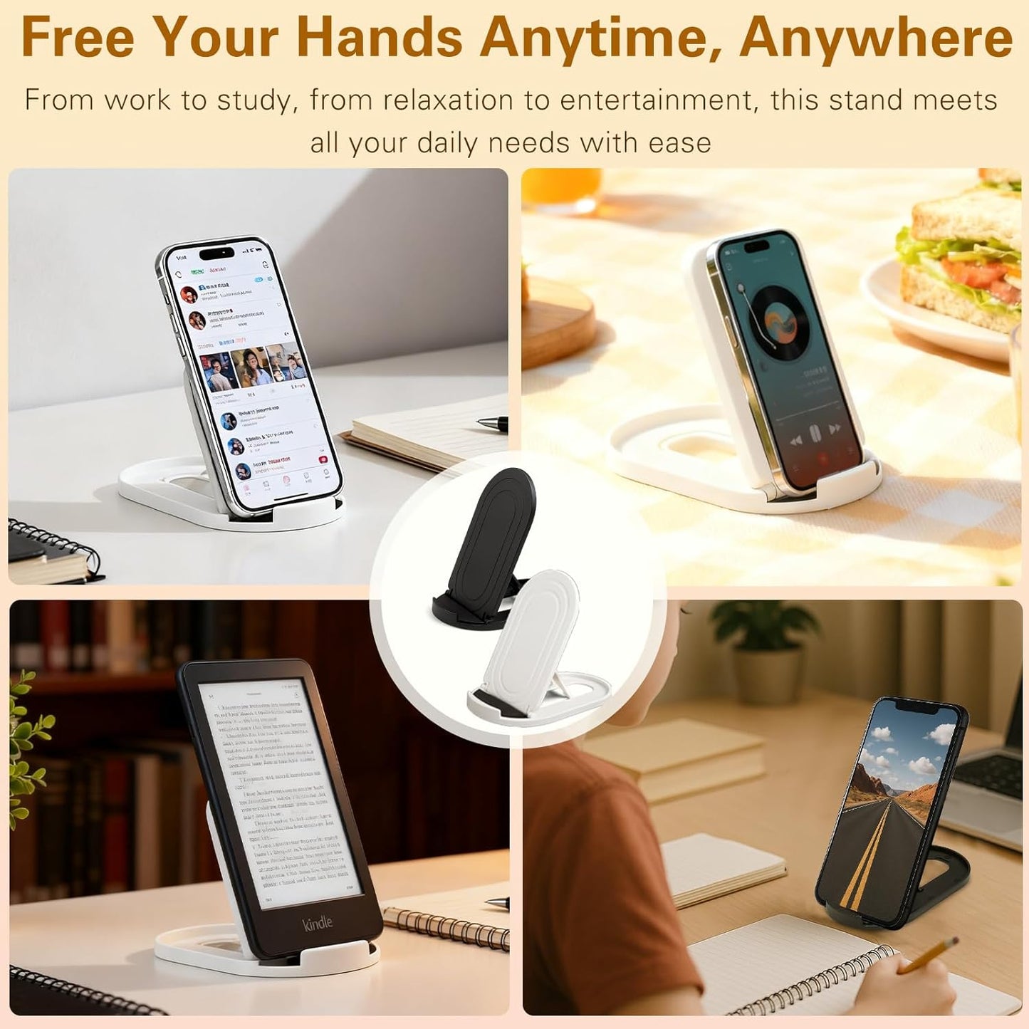 Attkryy 6-Pack Portable Phone & Tablet Stand(Black&White), Foldable Multi-Angle Desk Holders, Adjustable Universal