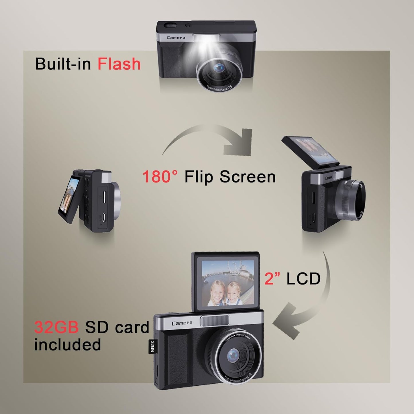 Frelisty 2" 1080P 32GB 8X Black Digital Camera with Flip Screen for Selfie, Point and Shoot Digital Camera with Card