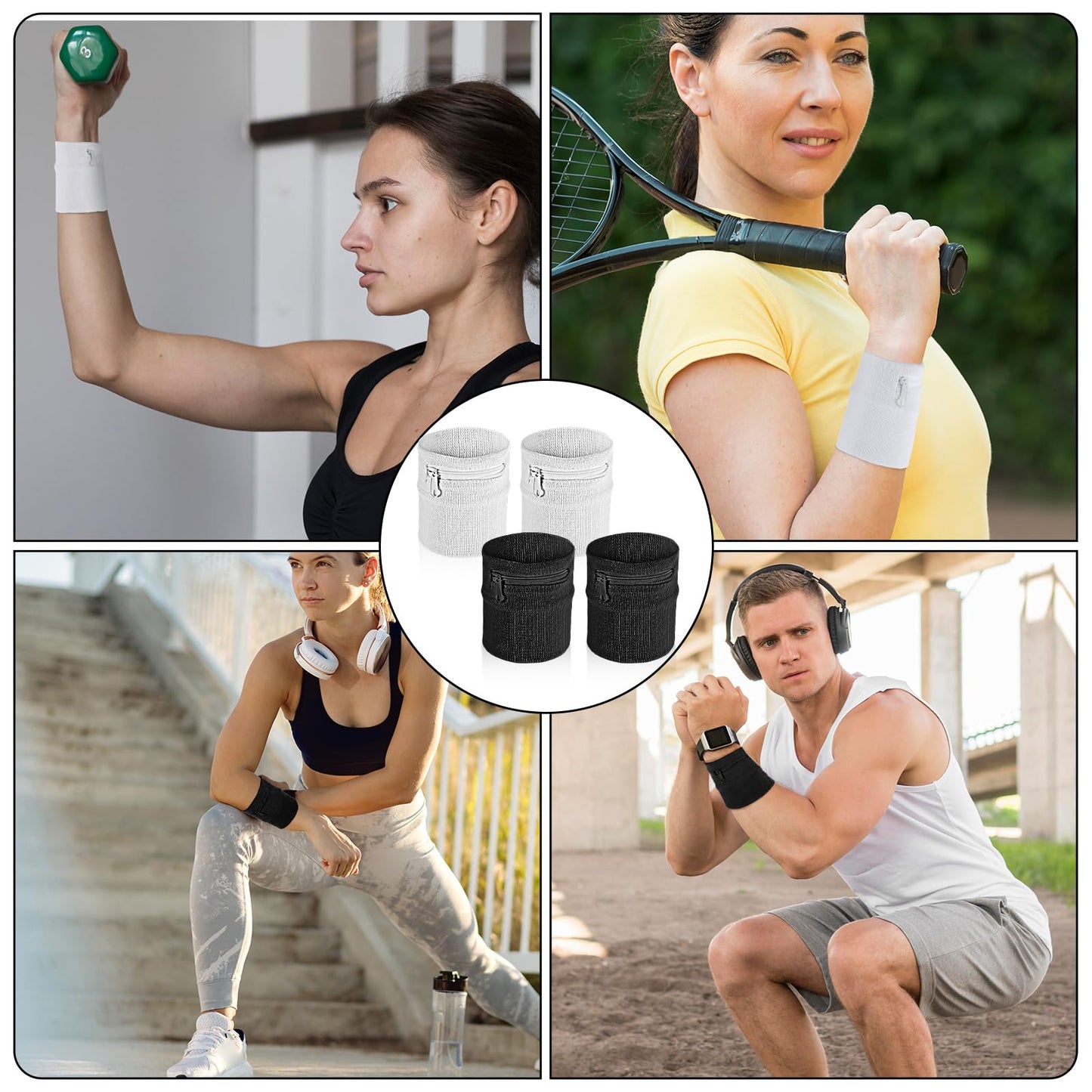 4Pcs Wrist Wallet,Wrist Sweatbands with Zipper Wrist Pouch for Women Men Running Walking Hiking Jogging Sports Sweatband Key Card Coin Storage（Black White）