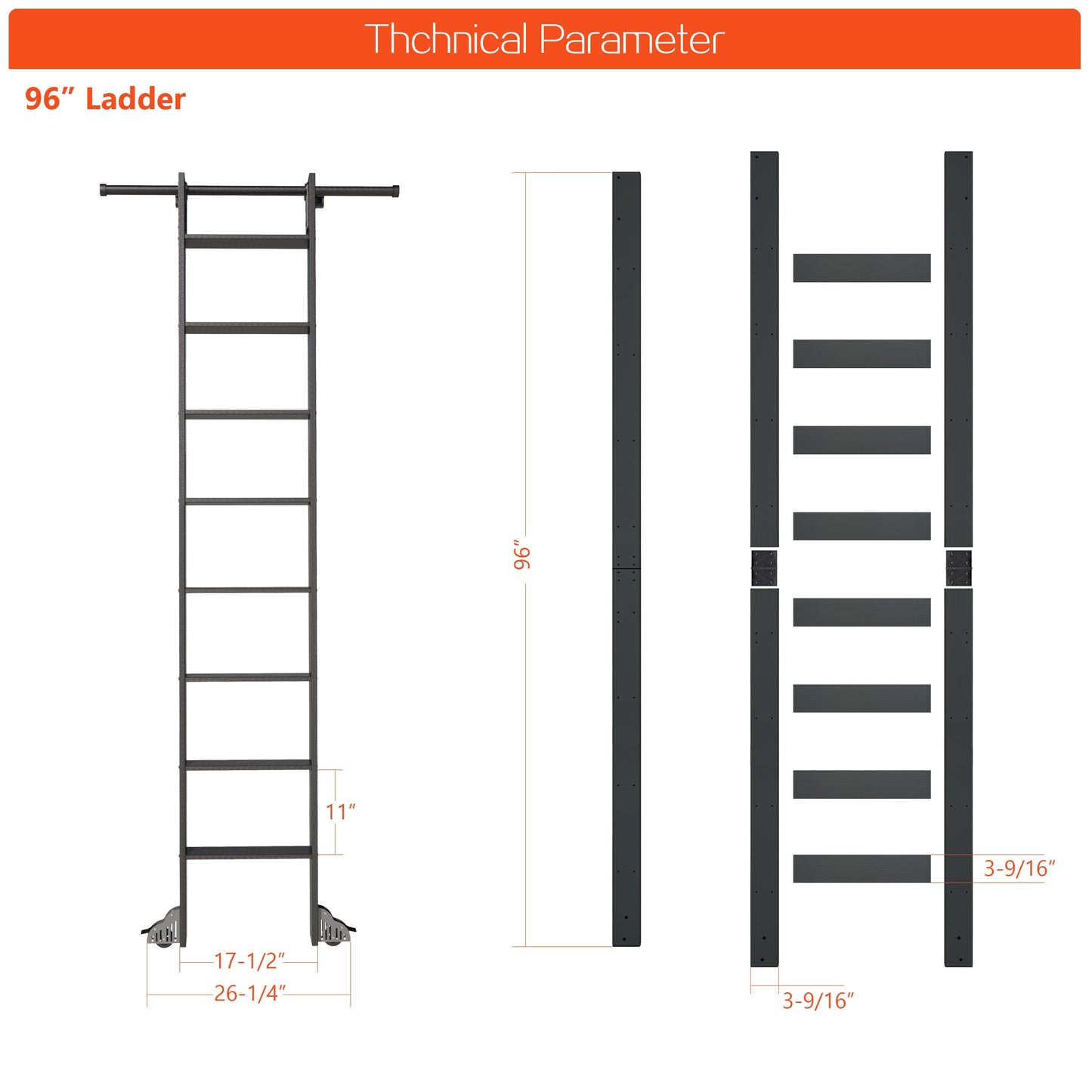 96" Sliding Library Ladder, Black +8FT Rolling Track Kit