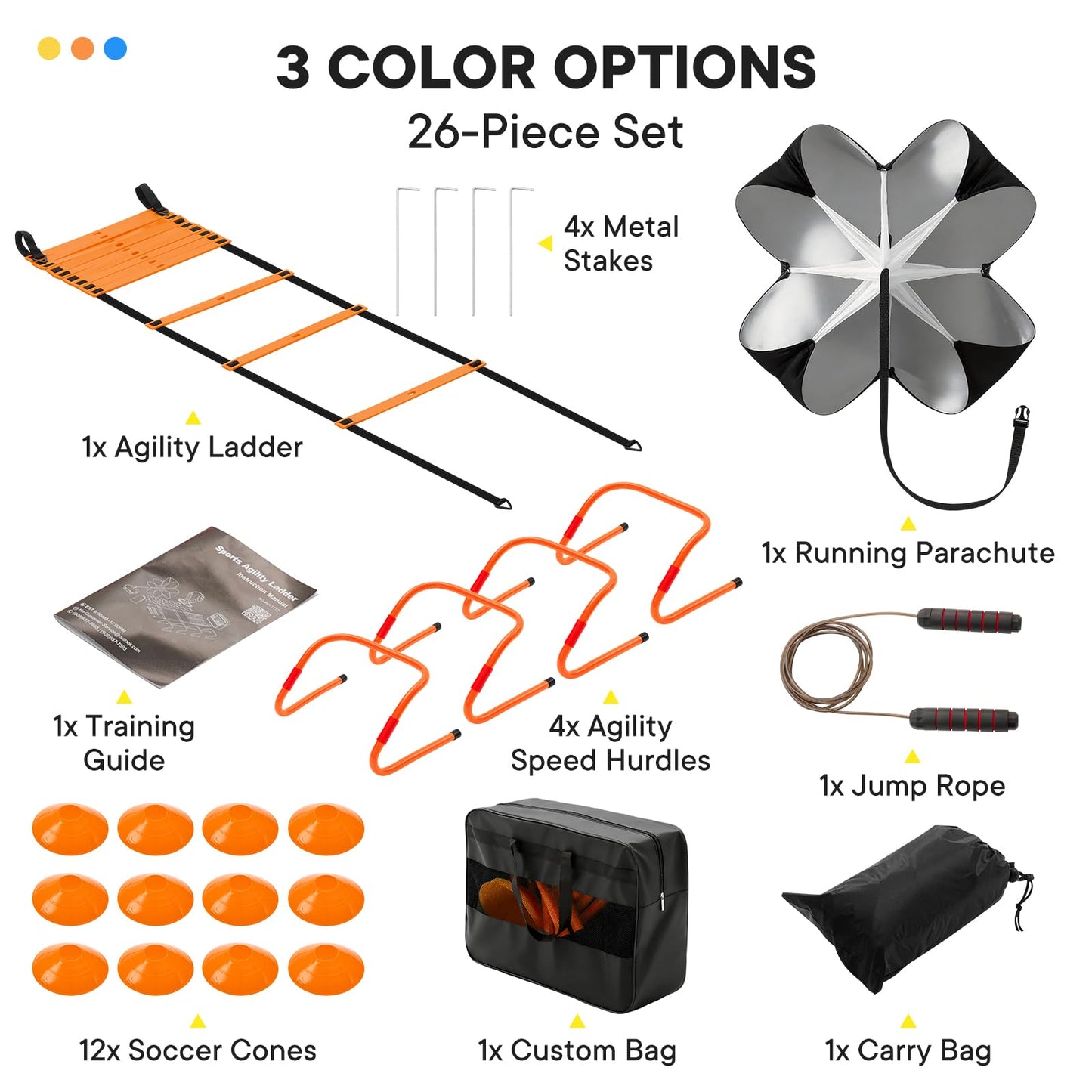OLIXIS Agility Ladder, Soccer Training Equipment Set, 20 ft Speed Ladder, 12 Soccer Cones, 4 Agility Hurdles, Jump Rope, Resistance Parachute Agility Training Equipment for Kids, Youth, Adults, Orange