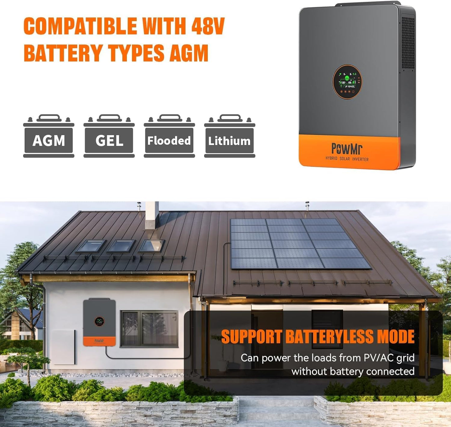 PowMr Solar Inverter 5000W 48Vdc to 110Vac, 5200W Split-Phase Solar Inverter Built-in 100A MPPT Controller | Max.PV Input 6KW 500VOC | Support 6 Units Parallel and Batteryless Run