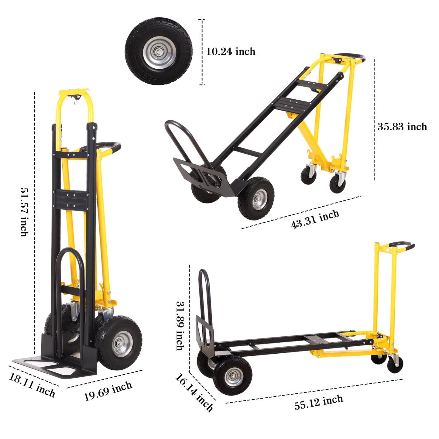 Convertible Hand Truck Dolly Cart,3-in-1 Industrial Aluminum Hand Truck,1000 Lbs Capacity Hand Trucks Heavy Duty Dolly Cart with Solid Wheels and Straps for Moving Transport (Black Yellow)