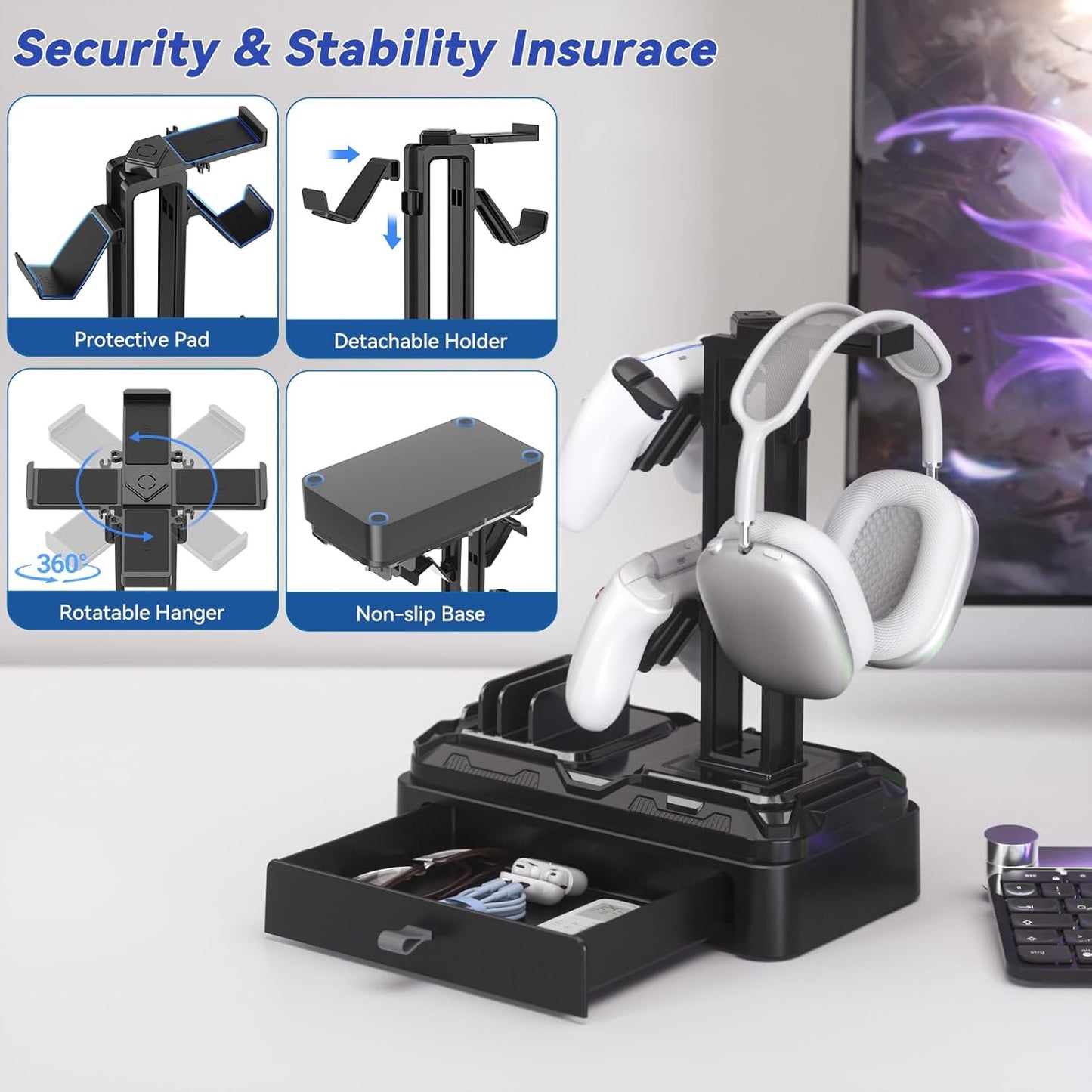KDD Headset Headphone Stand with Drawer - Rotatable & Detachable Controller Holder for Desk - Multifunctional Organizer