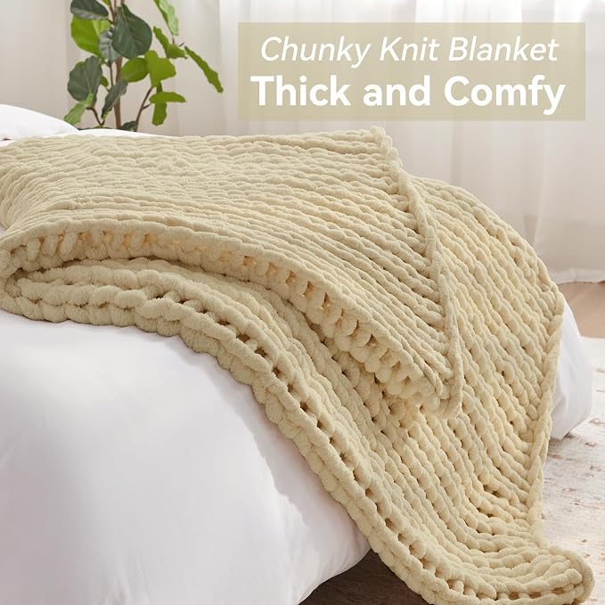 Negwoo Chunky Knit Throw Blanket, 60''*80'' Knitted Throw Chenille Yarn for Bed Couch, Handmade Oatmeal Crochet Big Thick Blanket, Machine Washable Cute Comfy Blanket for Home Decor