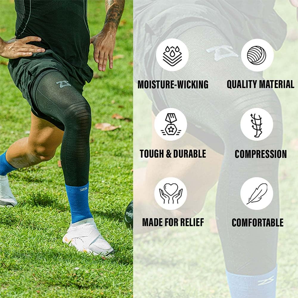 Zensah Full Leg Compression Sleeve - Long Full Length Support for Thigh, Knee, Calf for Men, Women, Running, Basketball, Football (Large, Black)