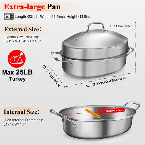 GRILL BUMP Roasting Pan - 21x13 Inch Stainless Steel Turkey & Chicken Roaster with Rack and Lid