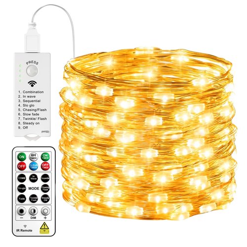HXWEIYE Rechargeable Fairy Lights with Remote & DIY Timer, 33ft 100LED Battery Operated Twinkle String Lights, 8 Modes Decor Light for Bedroom Indoor Wedding Dorm Christmas Tree Party (Warm White)