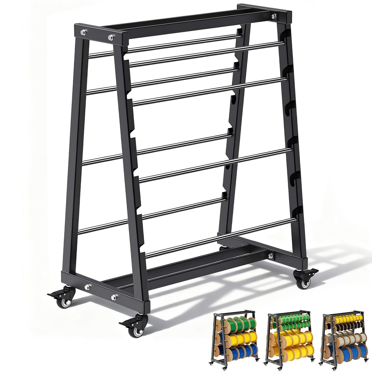 Ustinian Wire Spool Rack, Cable Organizer and Reel with Locking Wheels,Equipped with an adjustable spindle rod, For Electrical and Industrial Use, Holds up to 12 spool rods, 400 pound weight capacity