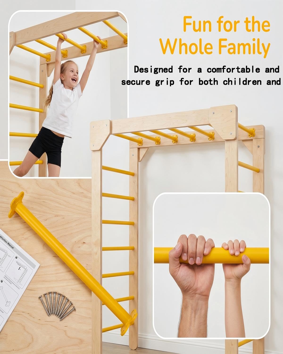 10 Pack Steel Monkey Bars Ladder Rungs 16.5 Inch with Screws Hardware Kit, Monkey Bars for Backyard & Swing Sets for Backyard, Indoor Outdoor Climbing Equipment for Playground Swing Set (Yellow)
