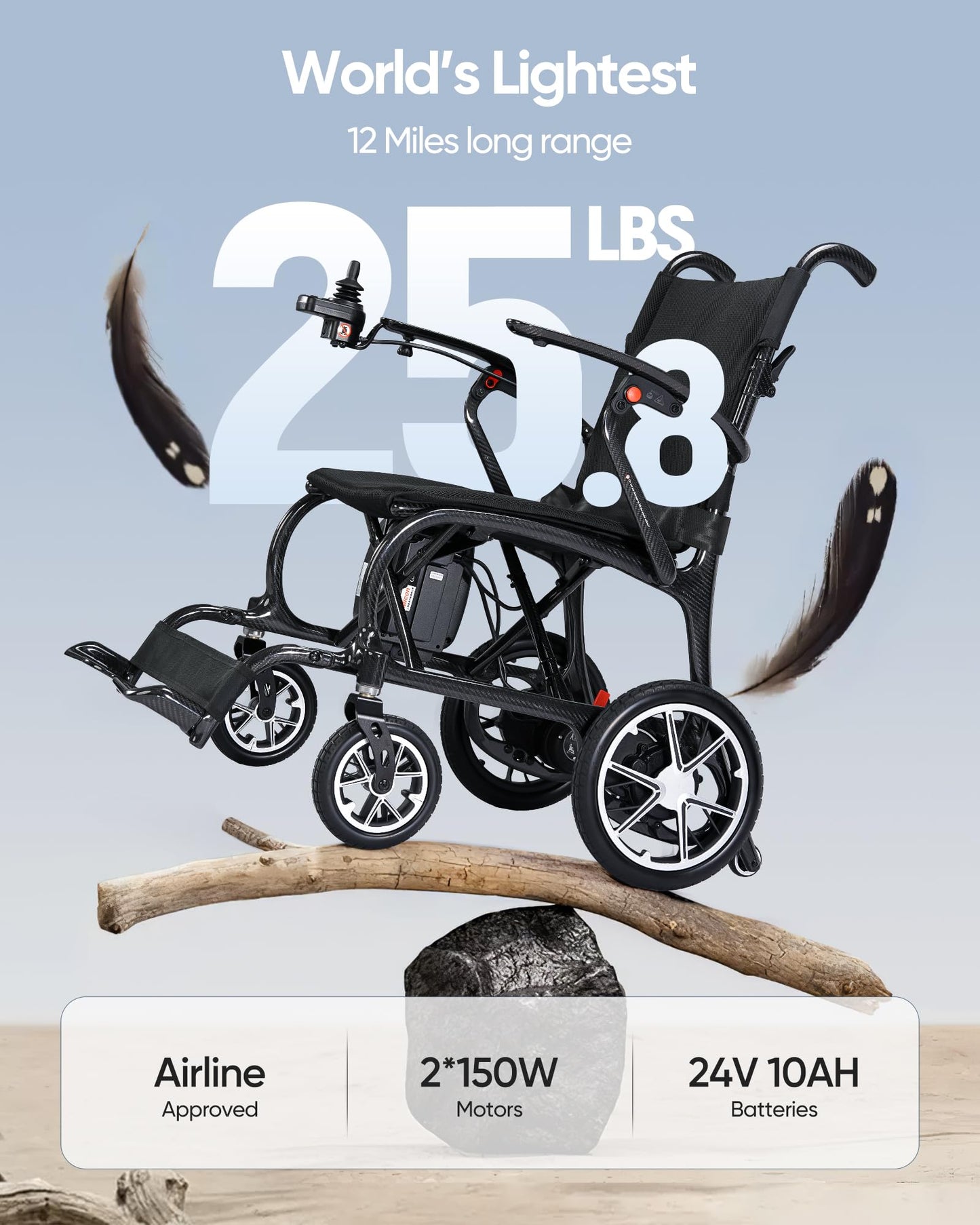 VERPAL 25.8lbs Real Carbon Fiber Ultralight Electric Wheelchairs, FDA Certification Professional Foldable Lightweight Electric Wheelchairs for Adults, Senior, Patient, 12 Miles, 300 LBS Capacity
