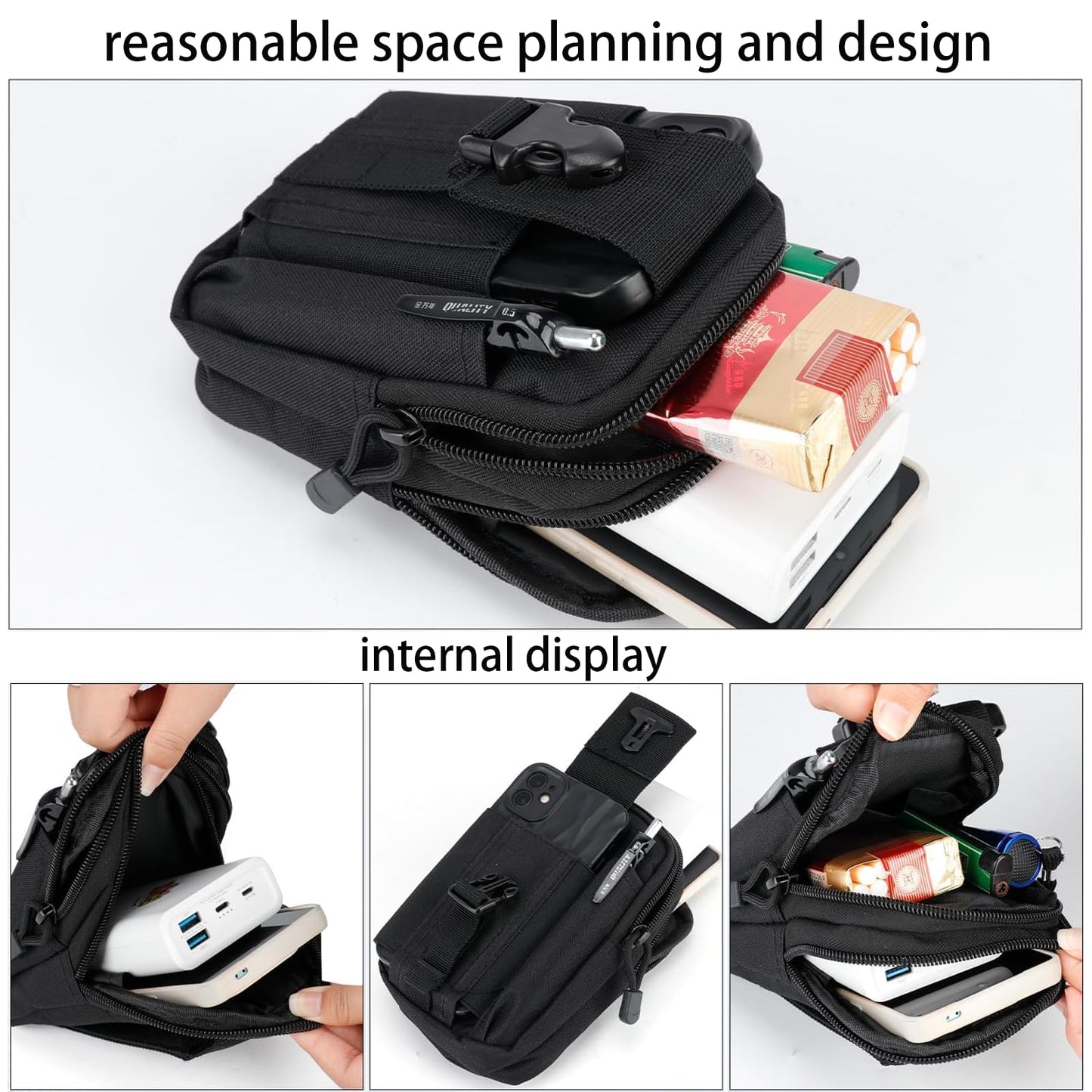 2 Pack Tactical EDC Pouch, Small Utility Pouches molle Phone Pouch Tool Pouch Belt Pouches for Men Tactical Vest Accessories with Aluminum Alloy Carabiner - Black