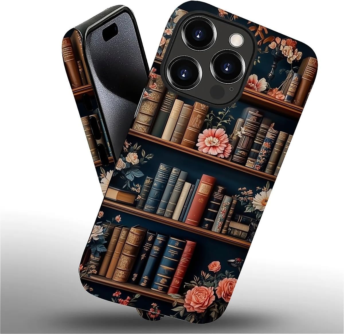 Akinmi 16 16 Case for iPhone Pro Max,Flower Bookshelf Exquisitely Pattern Double Protective Phone Cover Cases Soft