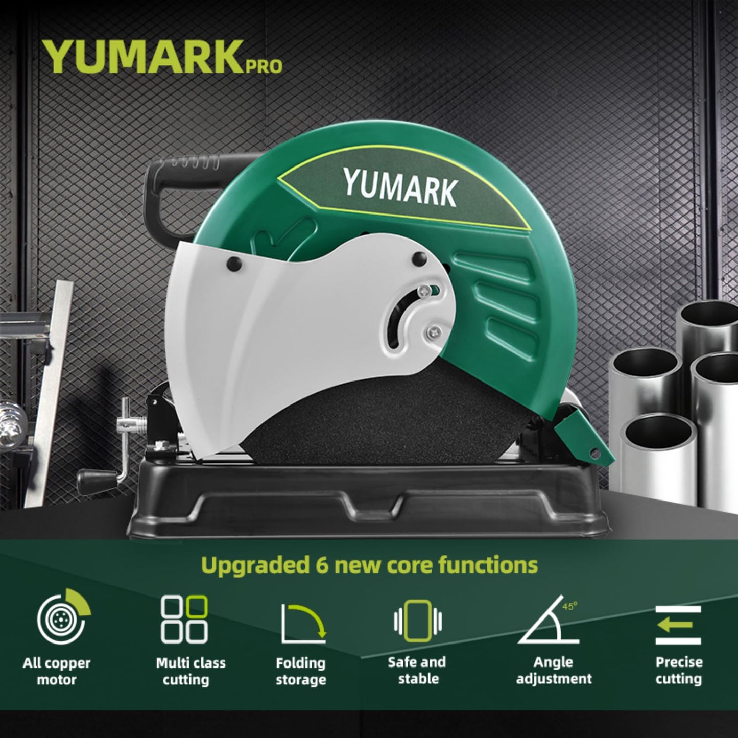 Yumark Abrasive Chop Saw, 2400W 3800RPM Steel Cutting Machine, 45° Adjustable Angle Metal Cutting Saw with 14in Blade for Cutting Rebar, Angle Steel, Hollow Pipe