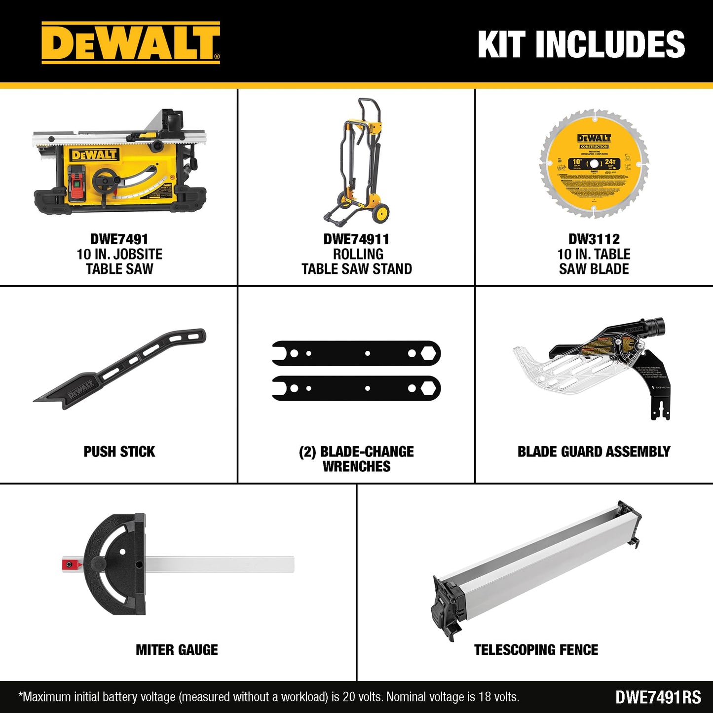 DEWALT Table Saw 10 Inch with Foldable Rolling Table Saw Stand, 15 Amp, 4800 RPM, 32-1/2-Inch Rip Capacity (DWE7491RS)