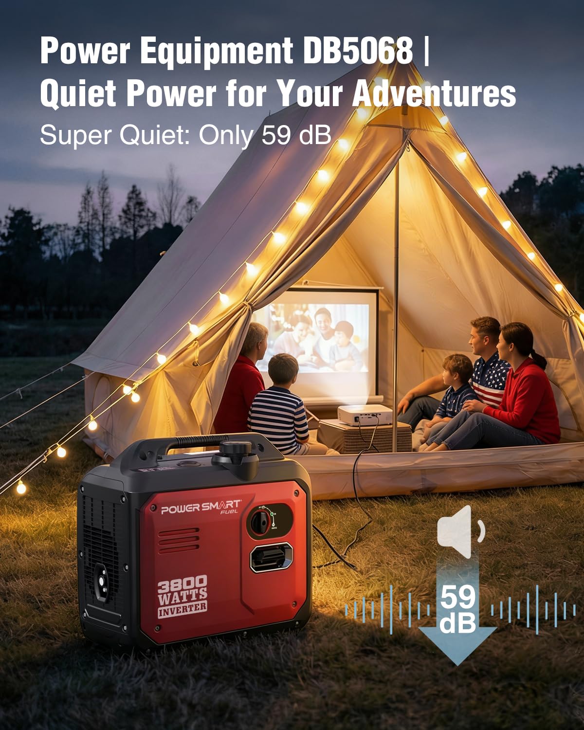 PowerSmart 3800W Portable Inverter Generator, 59dB Super Quiet Gas Powered, 143cc 4-Stroke OHV, Parallel Ready, EPA Compliant for RV Camping, Tailgating and Home Emergency Backup