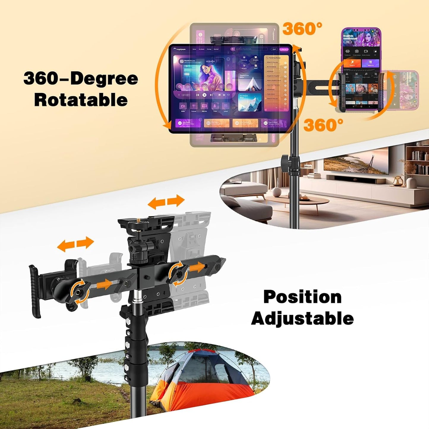 BAISHUN 63-inch 360 2 4.7-12.9 inch 1/4 inch Tripod Stand for Tablet Camera Phone, Height Adjustable iPad Mount Holder