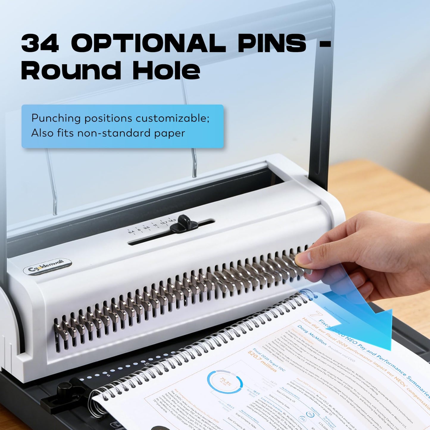 CGOLDENWALL Wire Binding Machine, Wire-O Binder, 3:1 Pitch 34 Holes, with 11 Coils Included, Punch 20 Sheets Bind 140 Sheets, Adjustable Pins Margins (Round Holes)