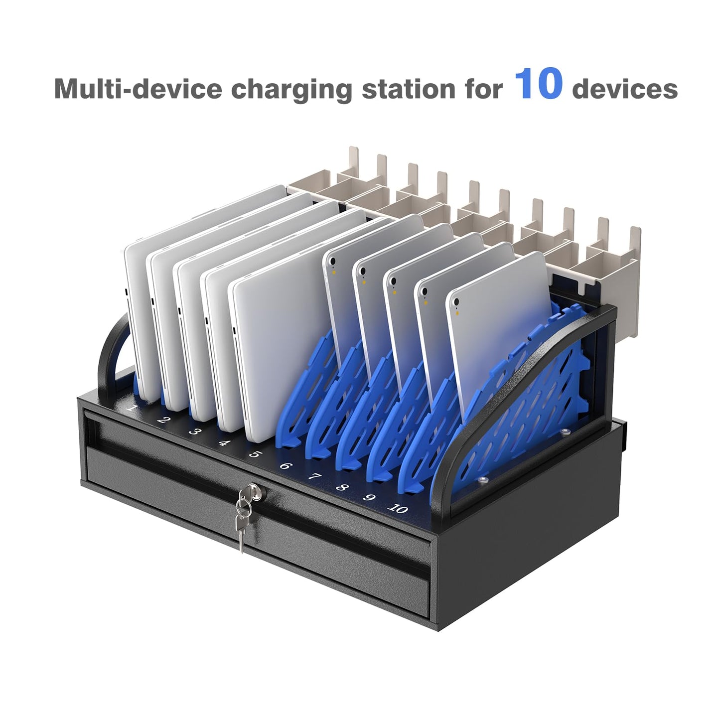 10-Device Open Charging Station for Chromebooks & Tablets - Heavy-Duty Steel Rack with Lockable Storage Drawer, Multi-Device Charging Organizer for School, Office, Hospital