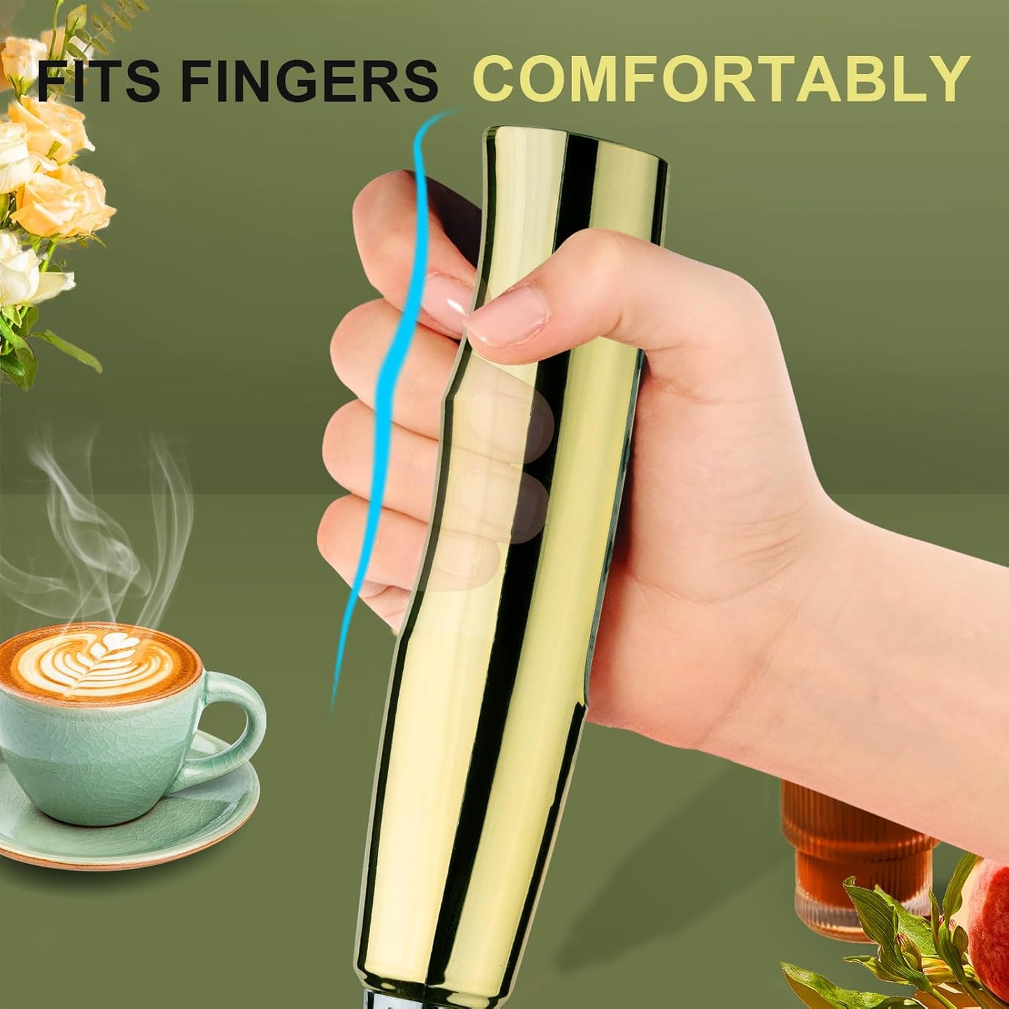 YUSWKO Handheld Milk Frother - Champagne Gold Electric Whisk with Stand, 3 Speeds & 3 Heads for Coffee, Latte & More