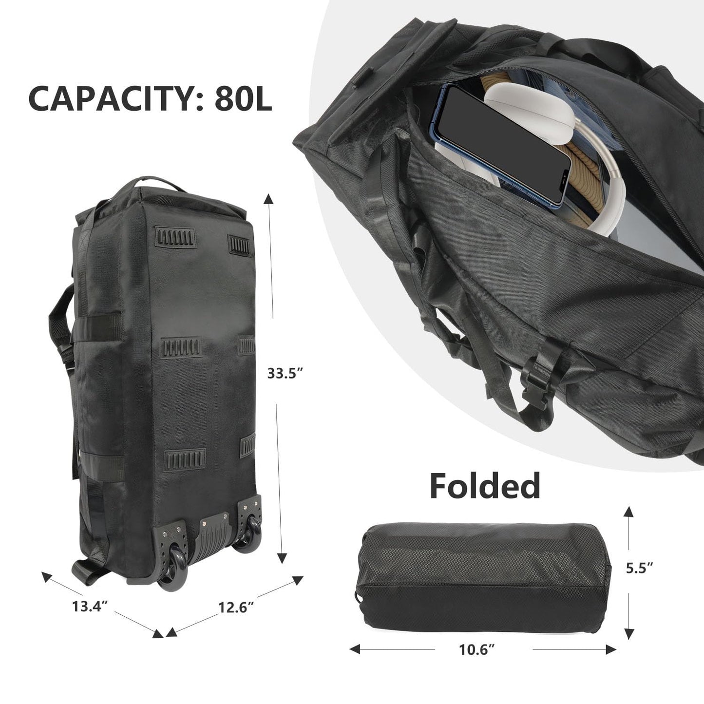 XINGOHQ 80L Rolling Duffle Bag with Wheels - Heavy-Duty 33.5" Foldable Duffel, Water-Resistant Wheeled Luggage with Shoulder Straps for Camping, Gym, Airplane (Black)