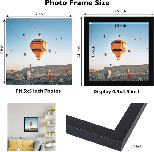 JCJMY 5x5 Picture Frame - Black Wall or Tabletop Display | Shatter-Resistant Plexiglass, Versatile Mounting