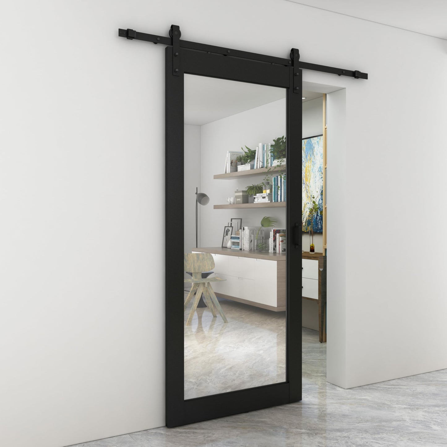 36 in. x 84 in. Mirrored Glass Black MDF Interior Sliding Barn Door with Hardware Kit and Door Handle