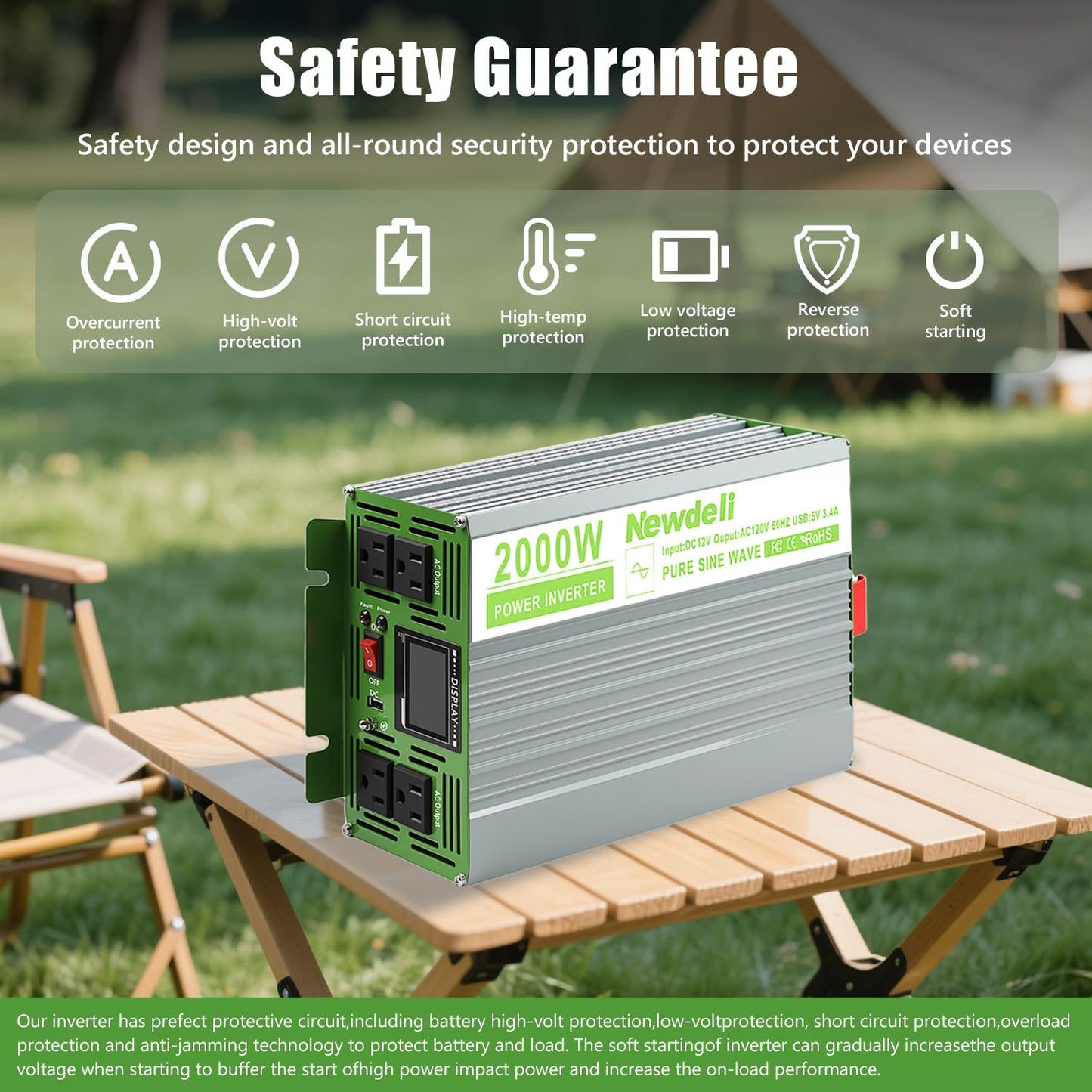 Newdeli 2000 Watt Power Inverter 12V DC to 110V 120V AC Pure Sine Wave Inverter with LCD Display, Remote Controller, 4 AC Outlets and 5V 3.4A USB Port for Vehicles Car Truck RV Solar System Camping