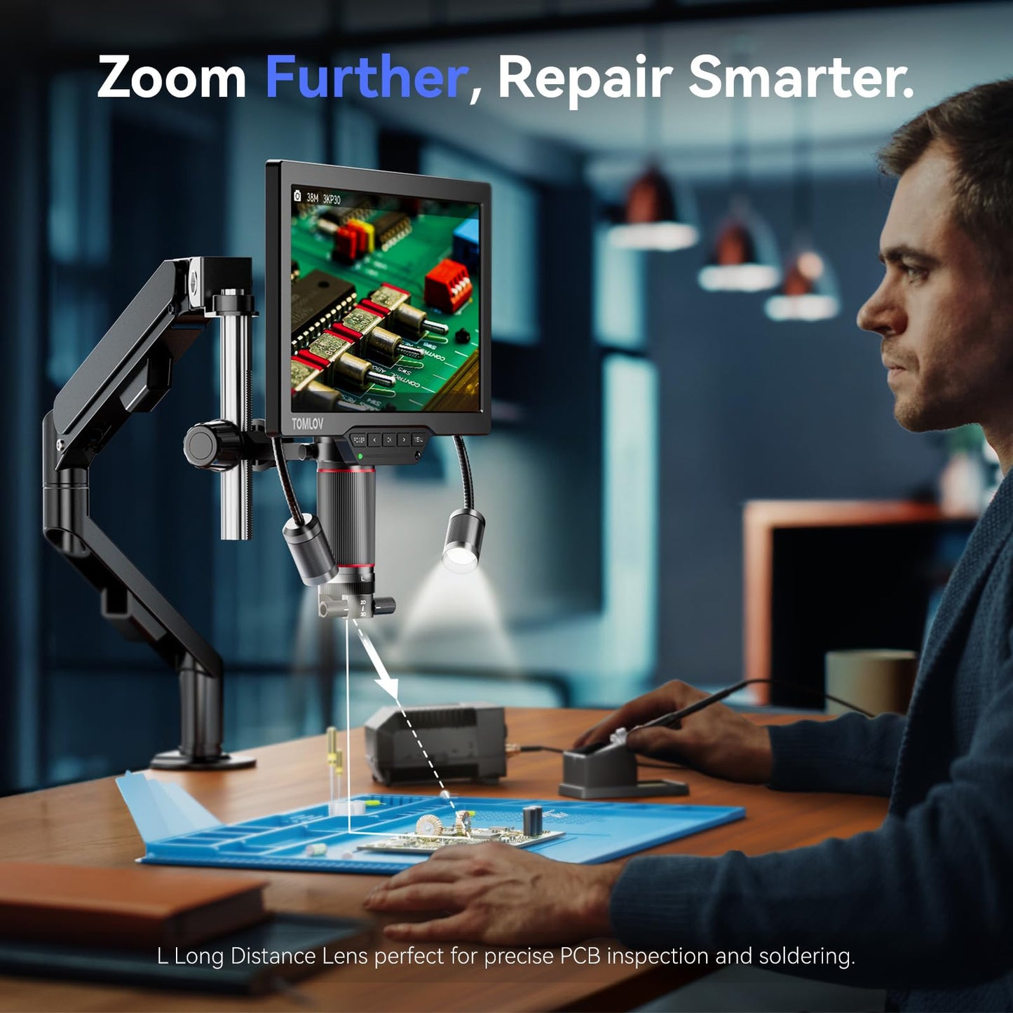TOMLOV 3D Digital Microscope for Soldering: Magnetic Dual Lens Micro Scope TM3K-3D for Adult, Coin Microscope with Flex Arm, 3K 7-Inch IPS Screen, HDMI/USB Output, Gooseneck Light, Repair Mat, 16GB
