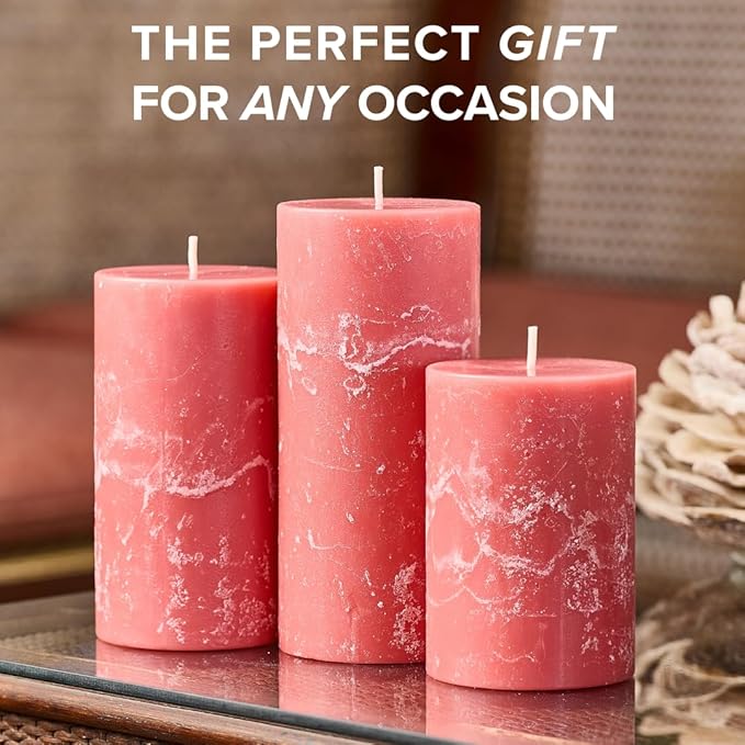 Simply Soson 3x6 inch Pink Rustic Peony and Rose Pillar Scented Candle - 3 Pack - for Home Decor, Aromatherapy, Weddings, Restaurants, Spa, Church