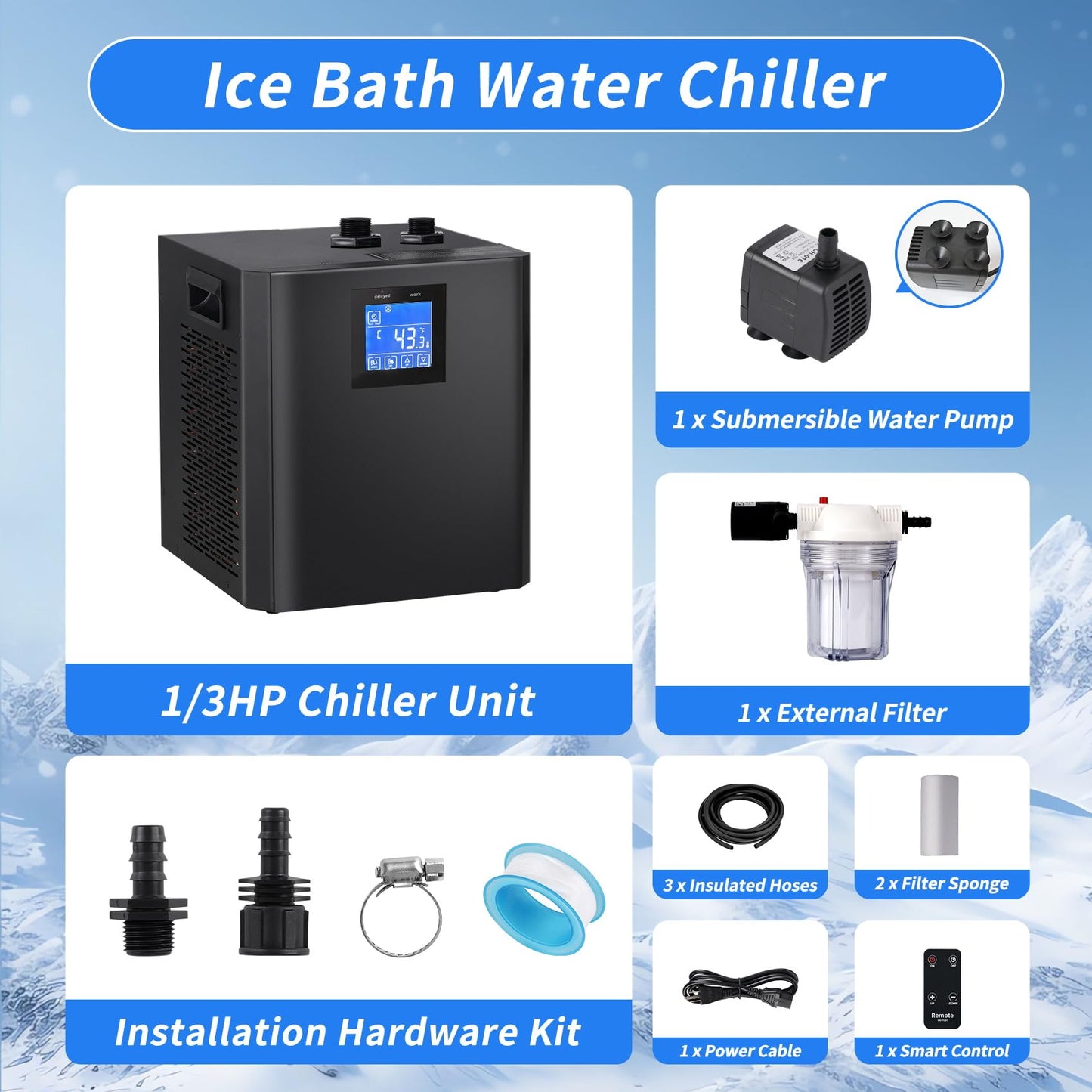 QAMGCYW Ice Bath Water Chiller, 1/3HP Cold Plunge Chiller with External Filter, Filter pad, and Pump, Remote Control Water Chiller, for Home and Professional Use