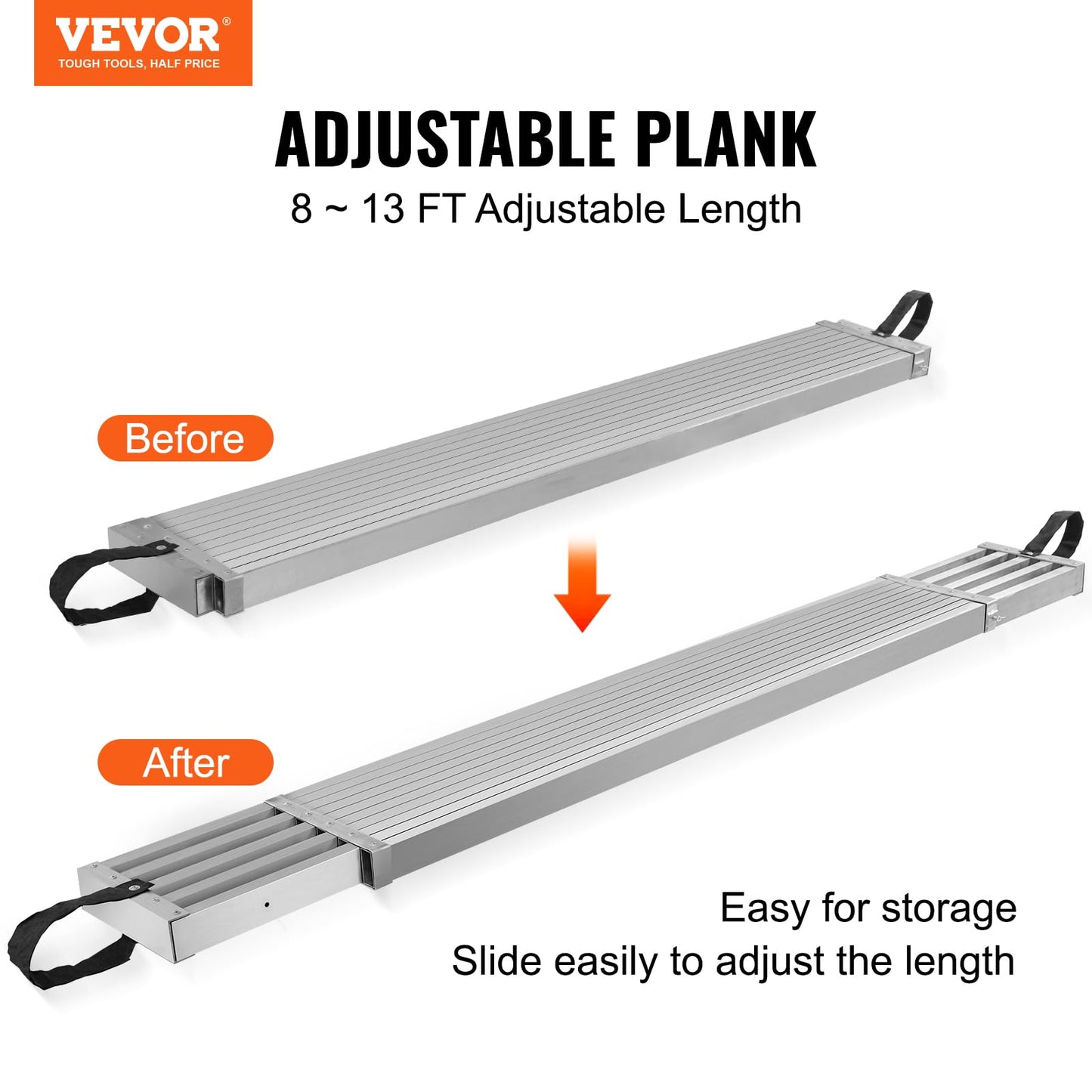 VEVOR Aluminum Telescoping Work Plank, 8-13FT, 500lbs Capacity, 12.5 inch Width, Scaffold Ladder Accessory