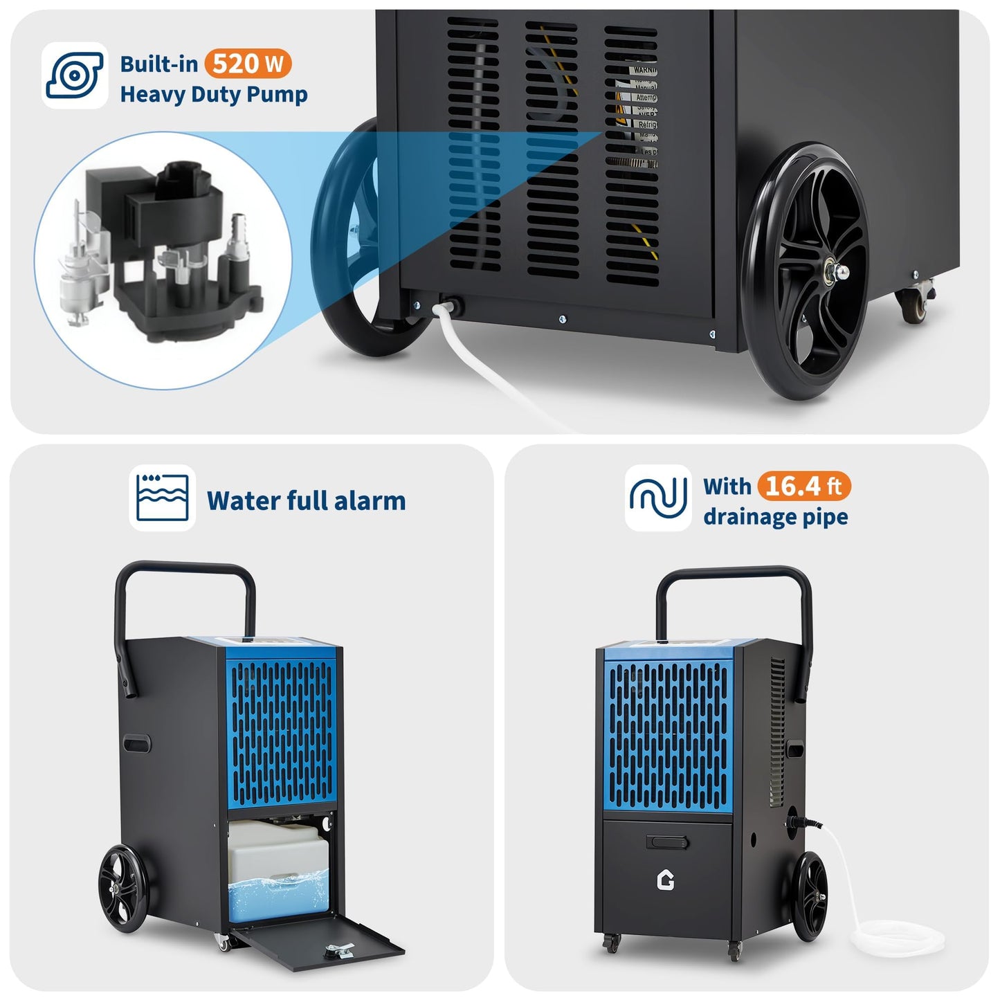 105 Pints Commercial Dehumidifier, Drain Hose, Timer, 4 Wheels, Large Capacity Dehumidifier for Basement, Ideal for Flood Repair, Warehouse, Factory, 110V/60Hz/520W, US Standard