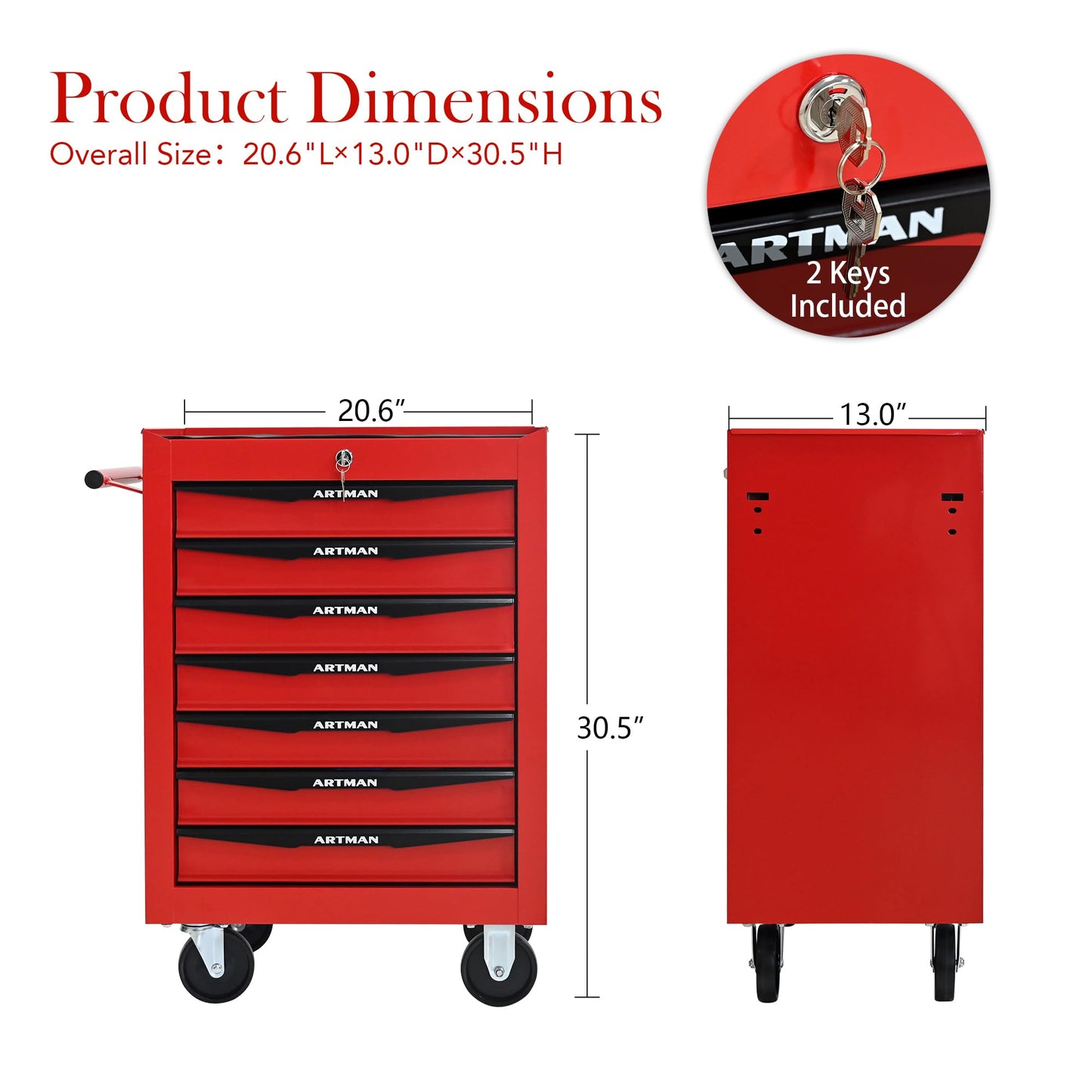 Thetilsy Rolling Tool Chest Cart with 7 Drawers,Storage Tool Cabinet on 4 Wheels. Lockable Tool Cart with Drawer Liners.Steel Tool Box Organizer for Garage,Repair Workshop-Red