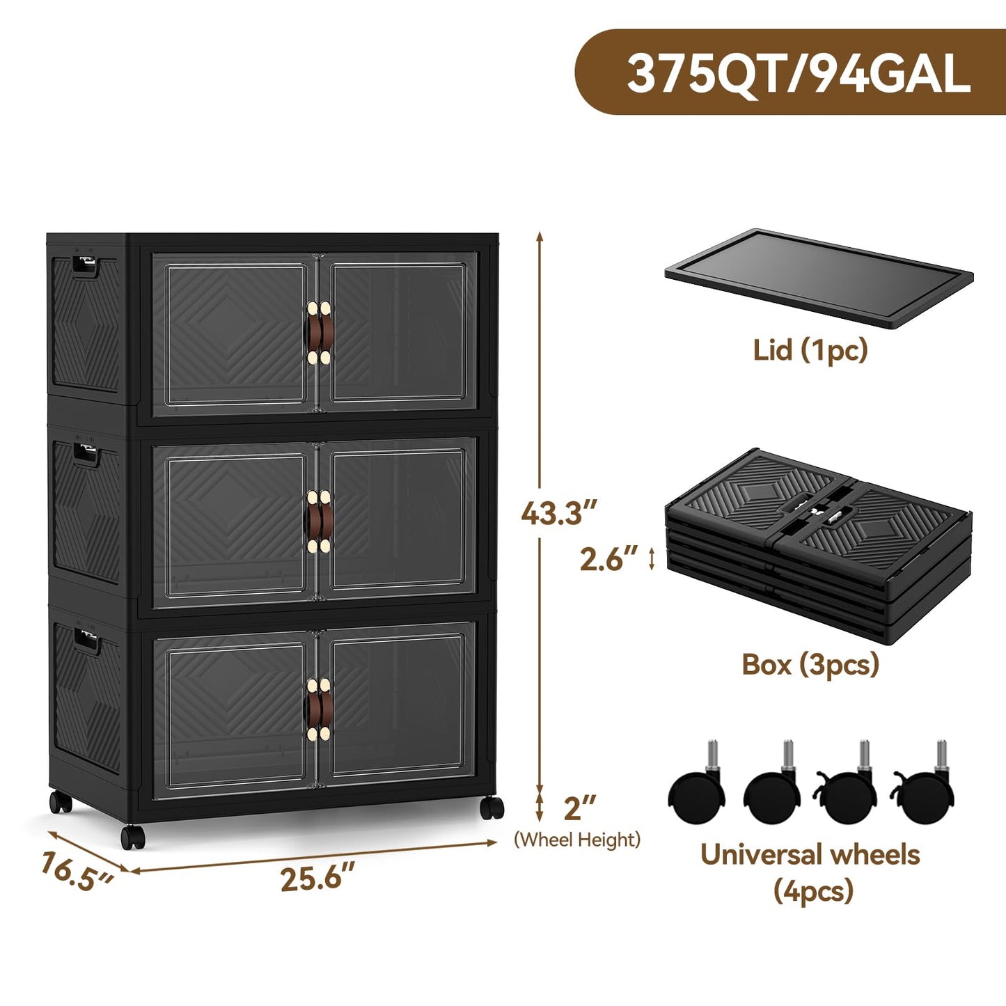 SAILUN 321QT/80Gal Stackable Storage Bins with a Lid, Collapsible Storage Bins With Doors, Folding Cabinet for Home Closet Organization,3 Pack-26 W x 16.5" D x 43.3" H Black
