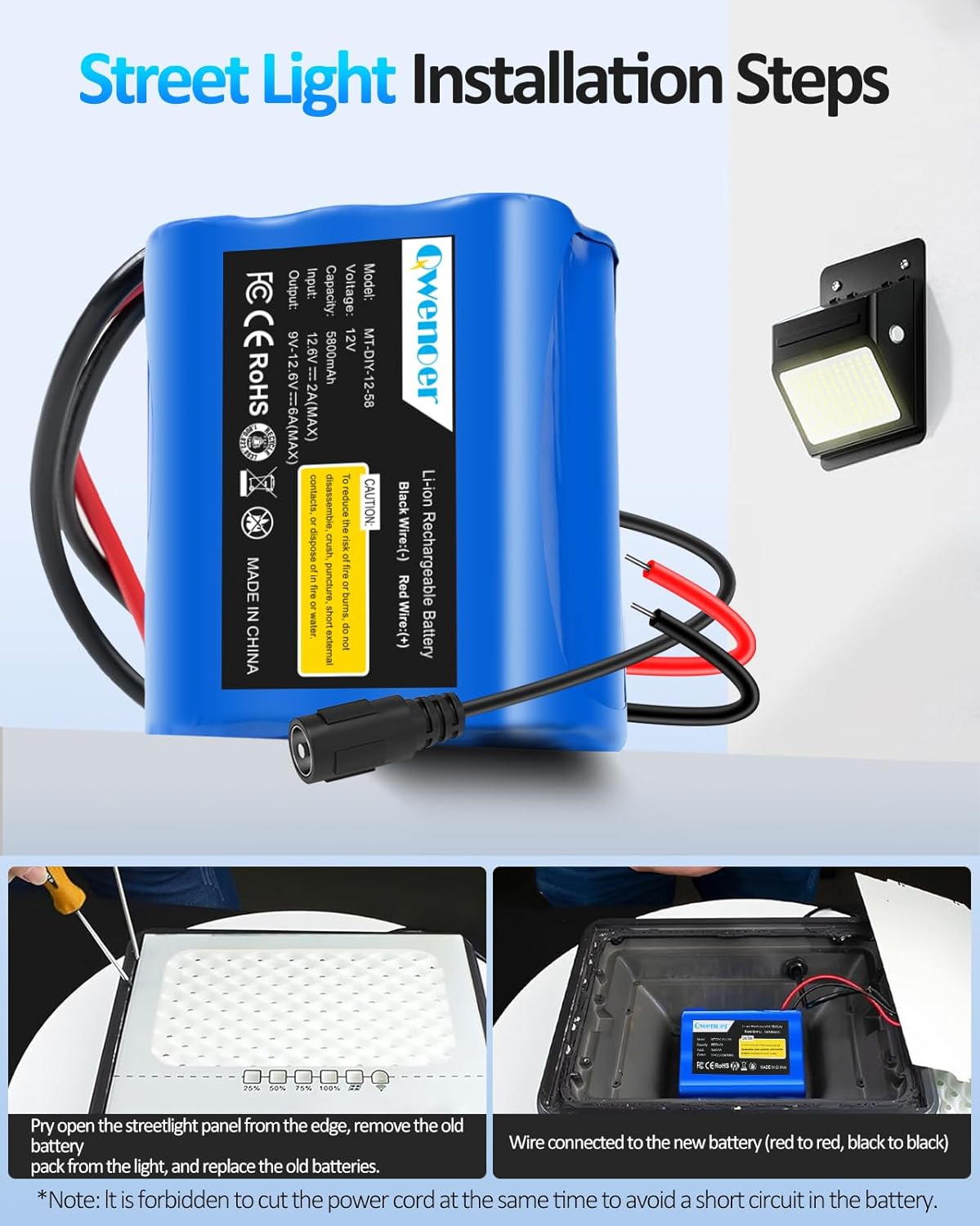 Qwenoer 5800mAh 12V 12V Pack 12 12Volt 12 Lithium Battery, Battery with Volt Battery Charger and Bare Leads Wire